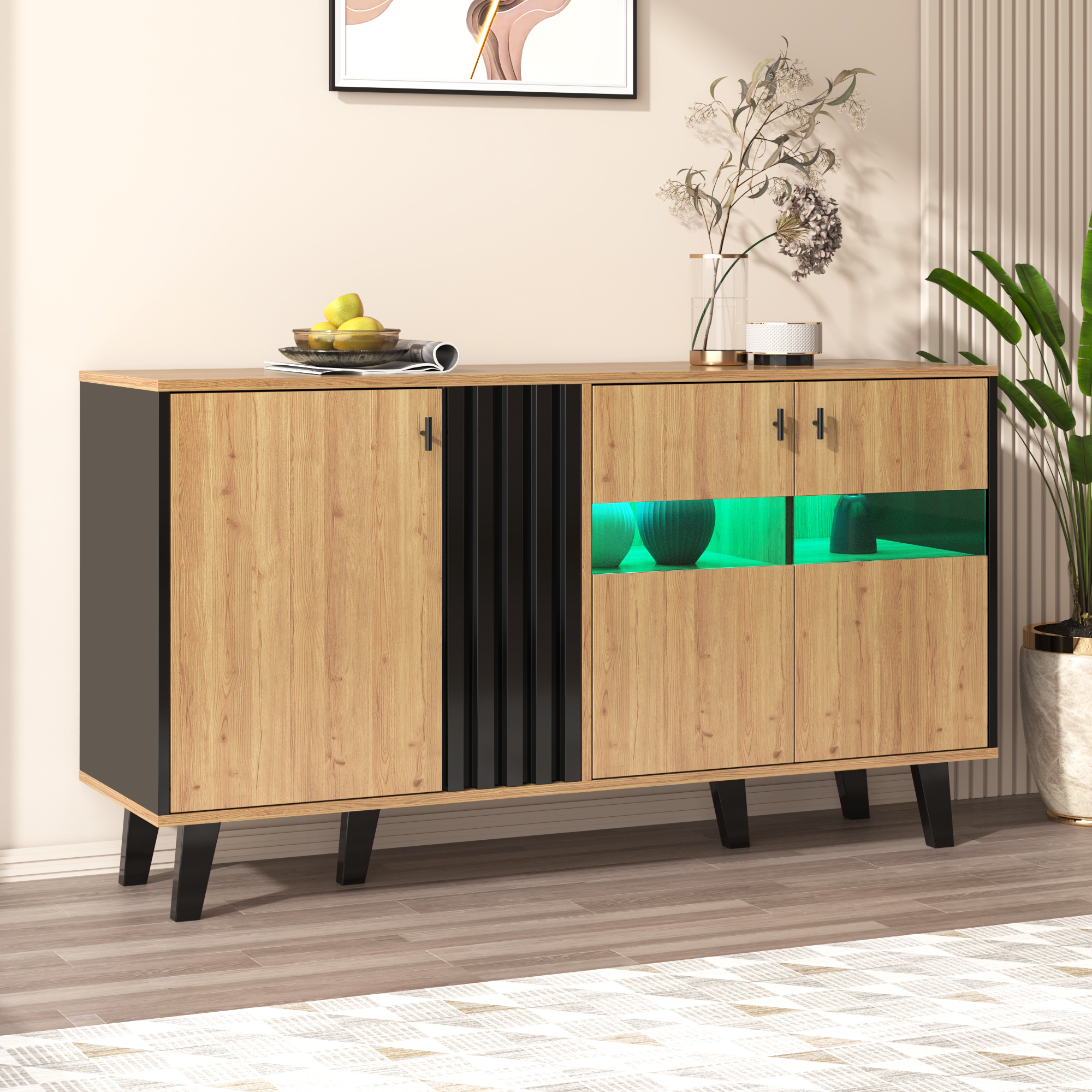 Buffet, rangement intégré, éclairage led, éléments en verre, 140 x 78,5 x 41 cm, panneaux de particules et verre, noir - vue 8