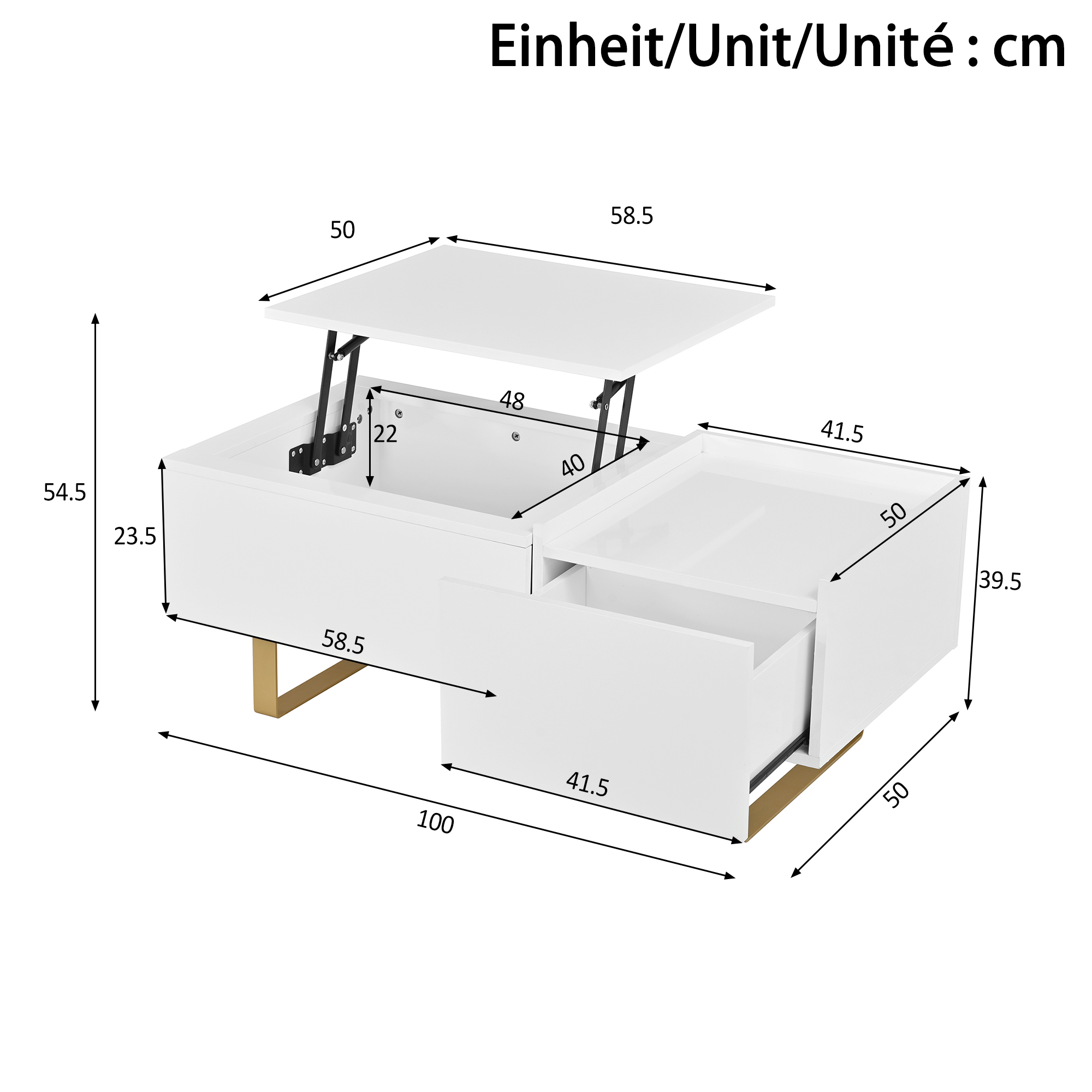 Dimensions de la table basse relevable 100x50 cm