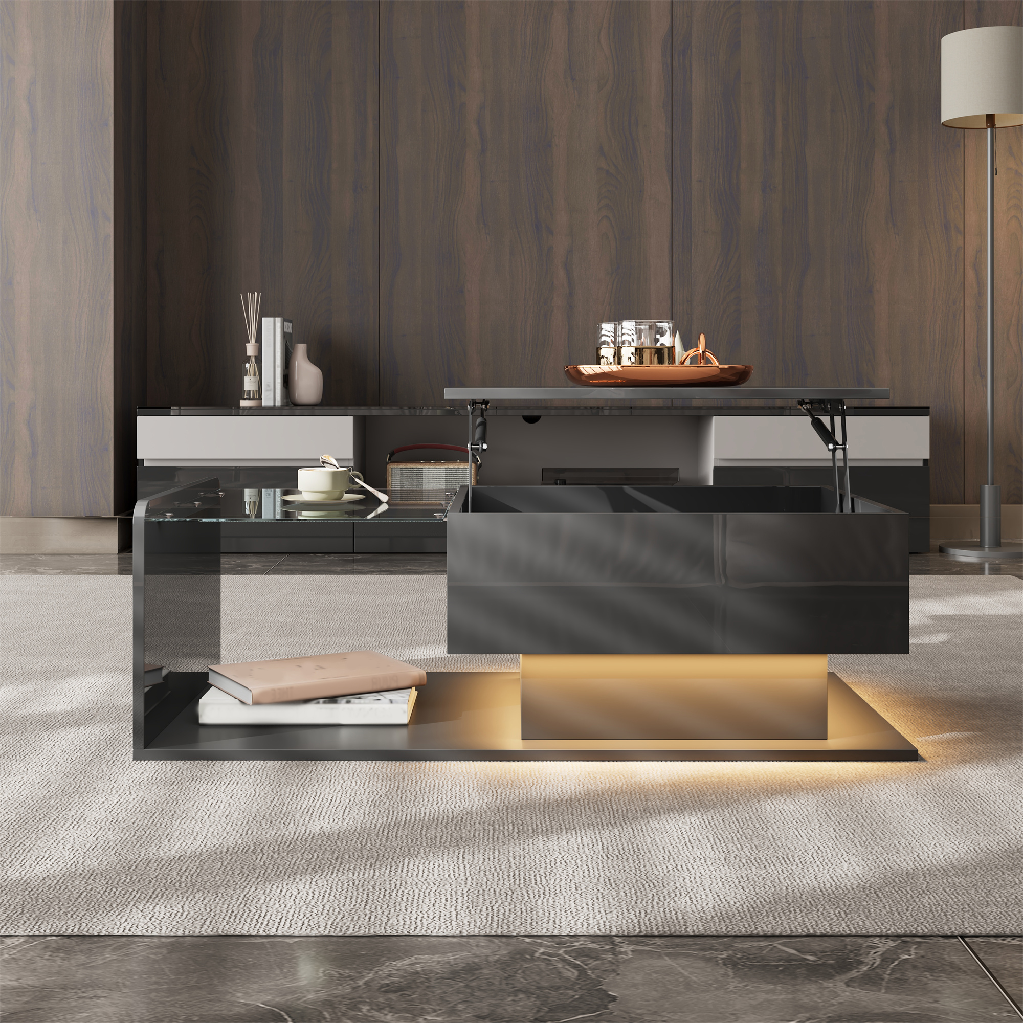 table relevable finition brillante UV surface miroir effet moderne