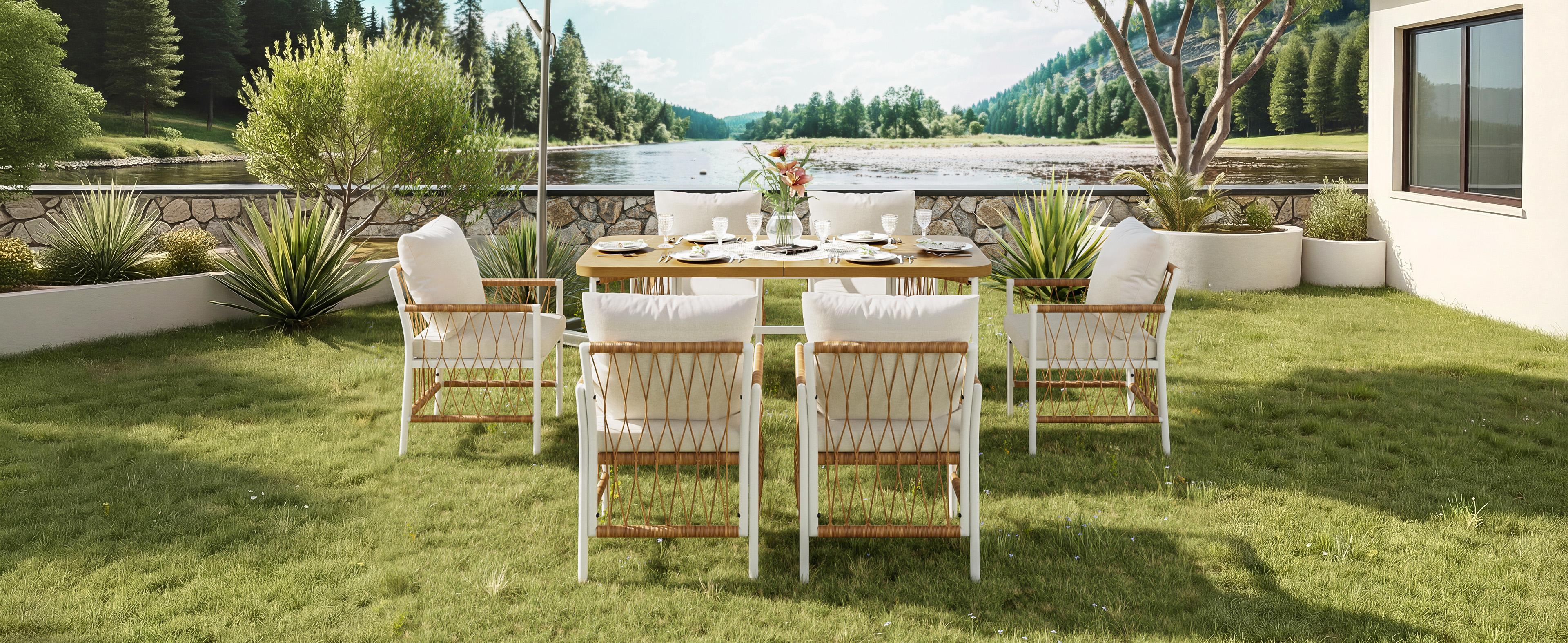 Table longue plateau aspect bois, cadre robuste grande charge