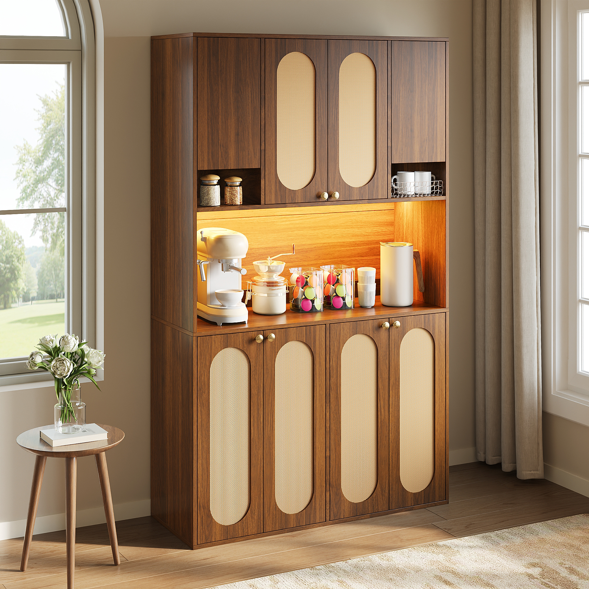 Buffet, éclairage led, prises et recharge intégrées, détails en rotin, 106 x 40 x 178 cm, rotin et MDF, bois naturel - vue 5