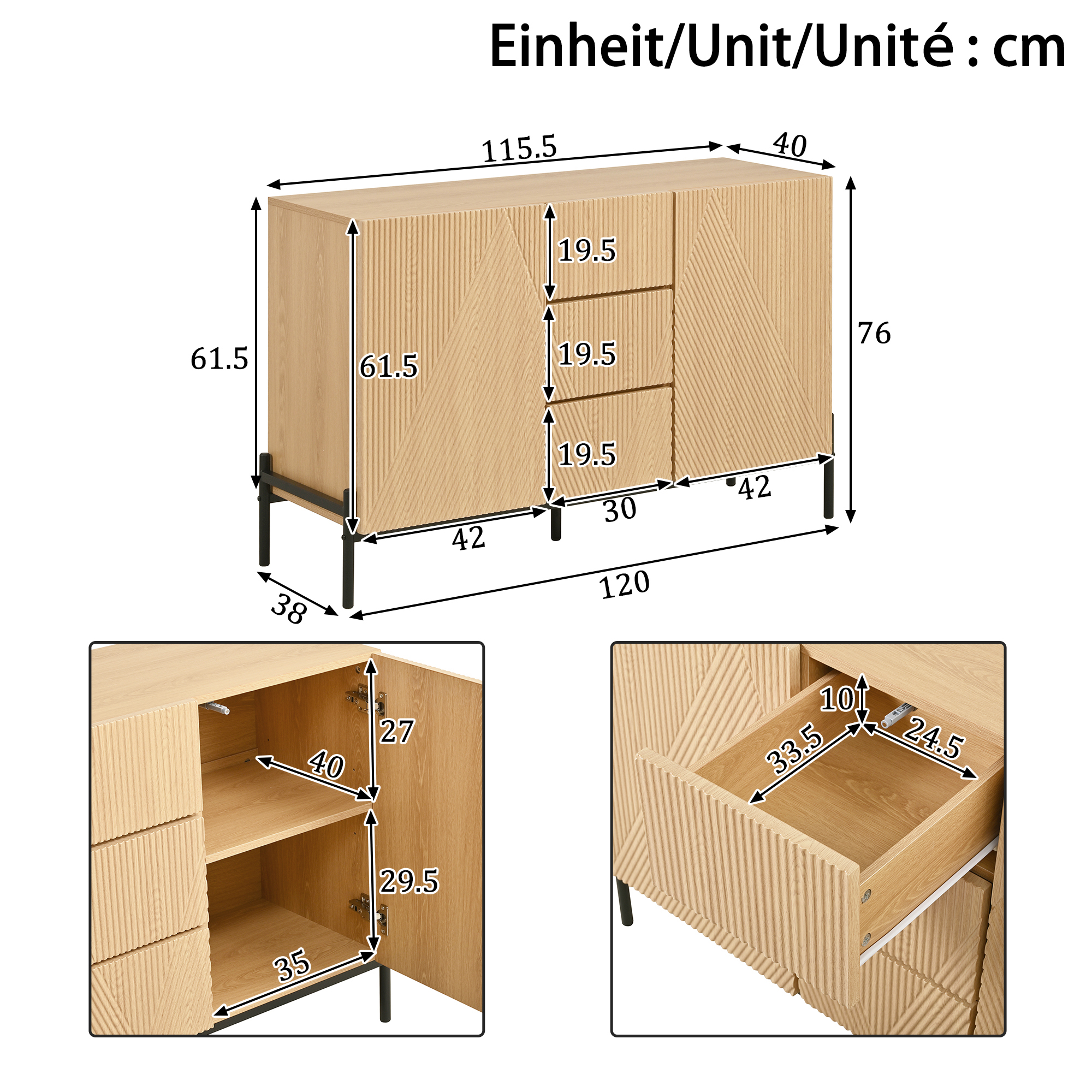 Buffet, rangement intégré, avec tiroirs, 115,5 x 40 x 76 cm, MDF, bois naturel - vue 1