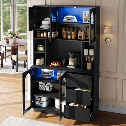Armoire haute noire avec éclairage LED et espace ouvert