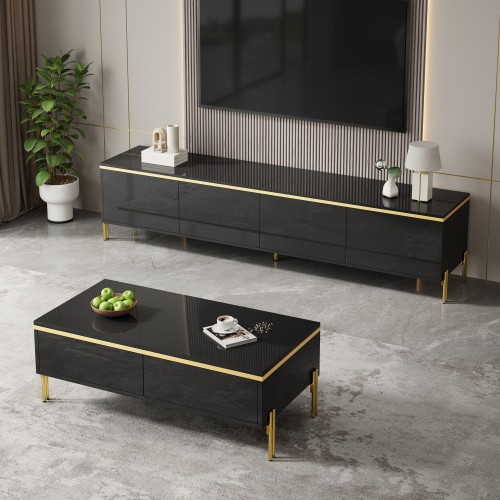 Rangements du meuble TV et compartiments de la table basse
