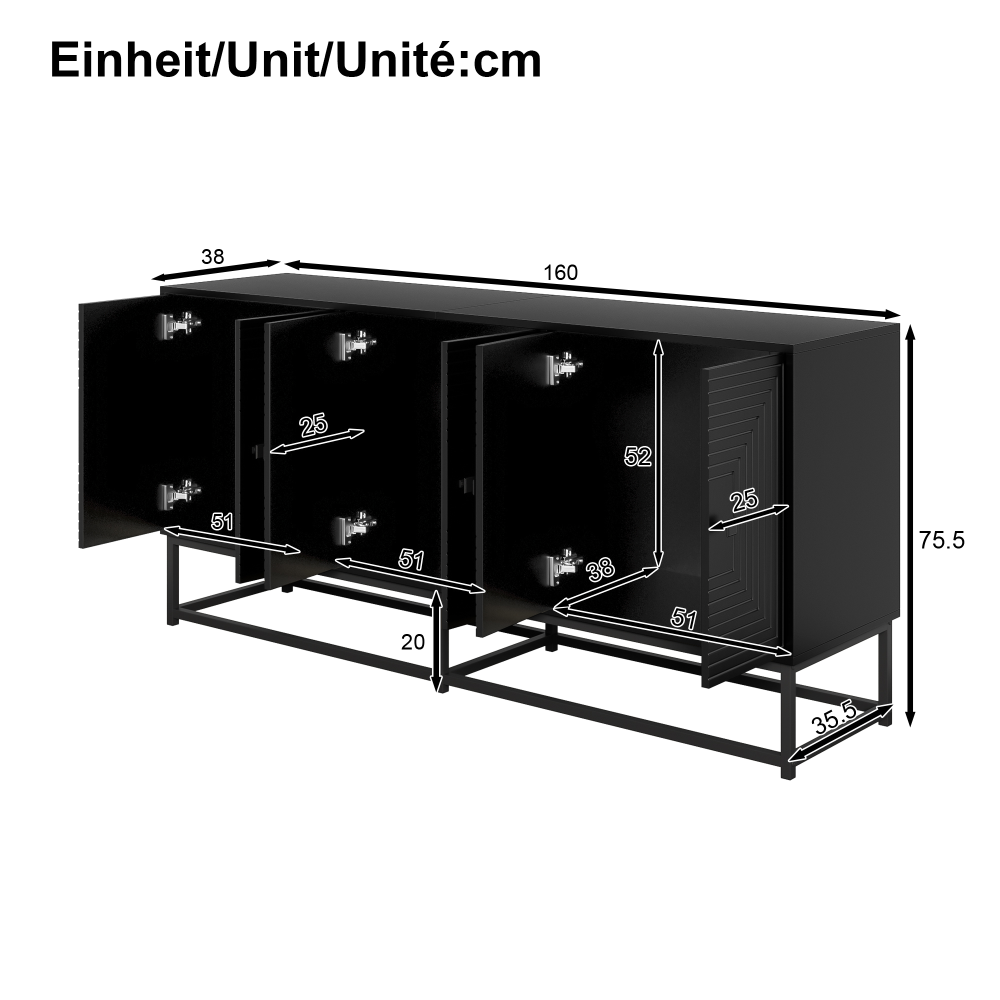 Buffet, rangement intégré, 160 x 38 x 75,5 cm, panneaux de particules, noir - vue 3