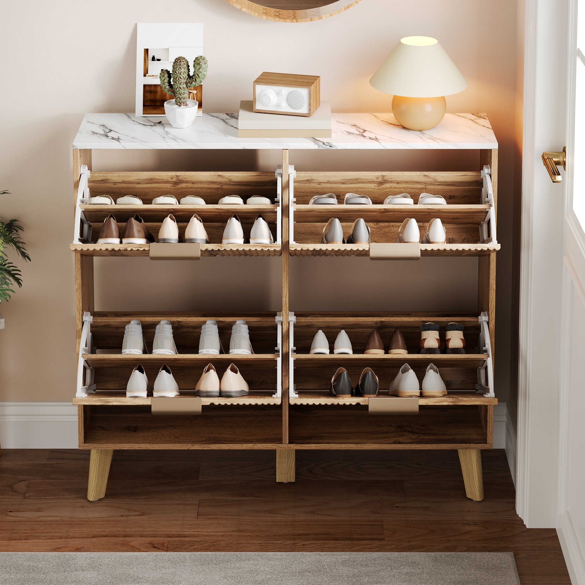Meuble à chaussures 105 cm, meuble de rangement d’entrée avec 4 portes, finition effet marbre, MDF, Effet bois naturel