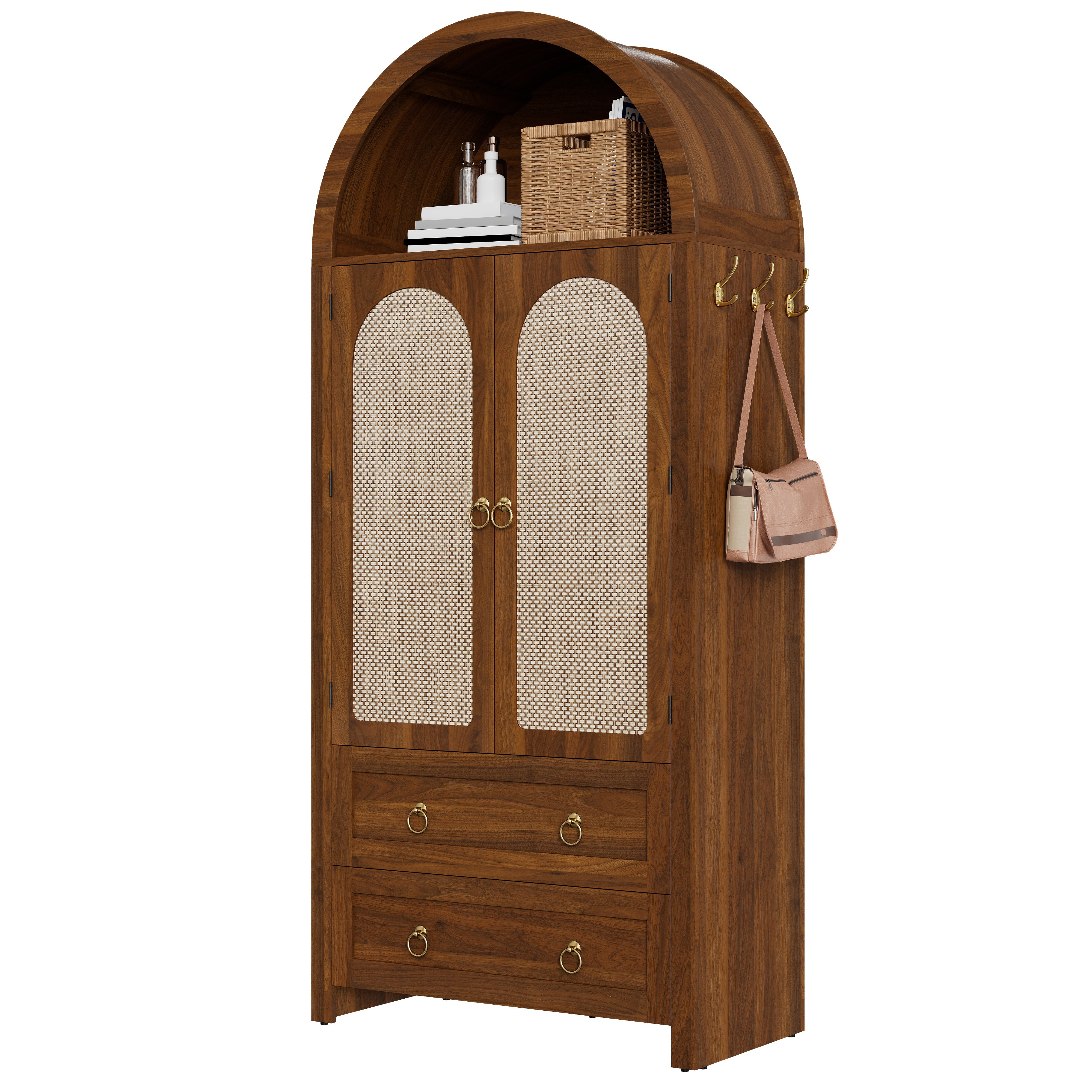 Détail buffet rotin vintage noyer