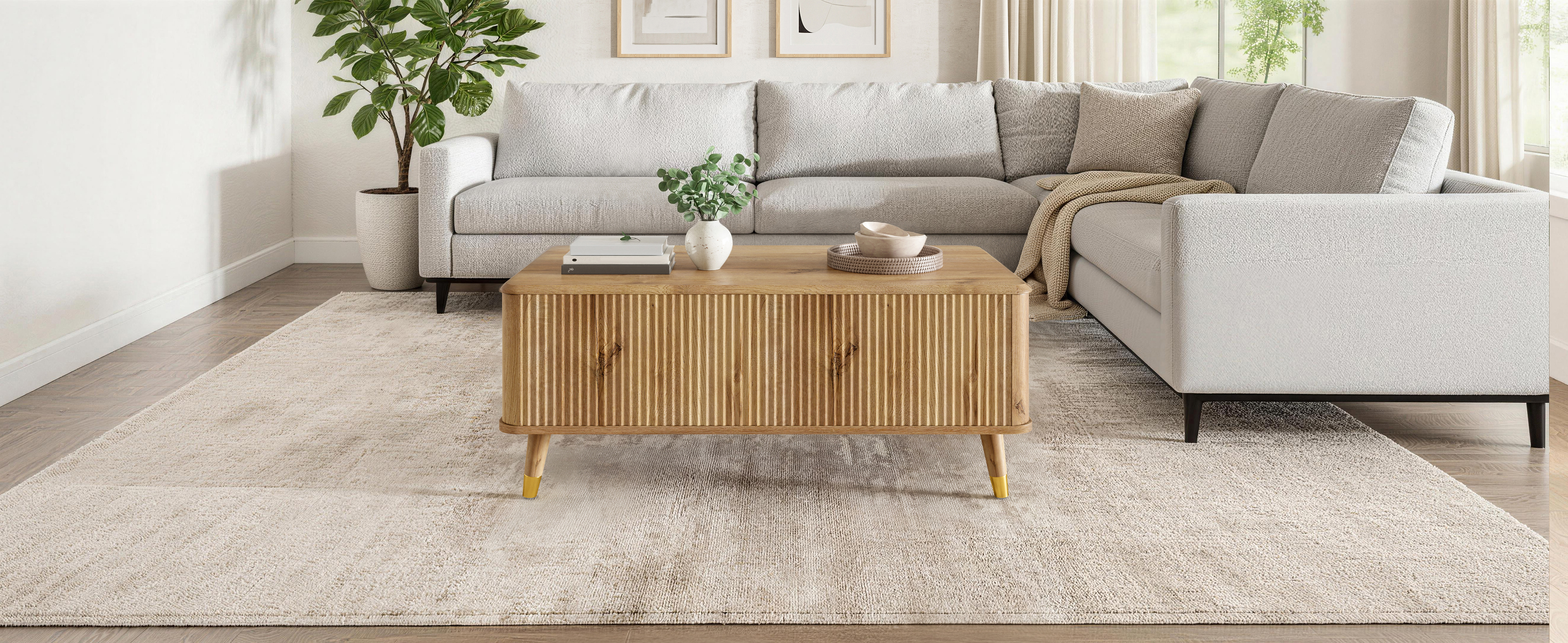 Table basse, hauteur réglable, rangement intégré, 97 x 52 x 56,5 cm, bois et MDF, bois naturel - vue 6