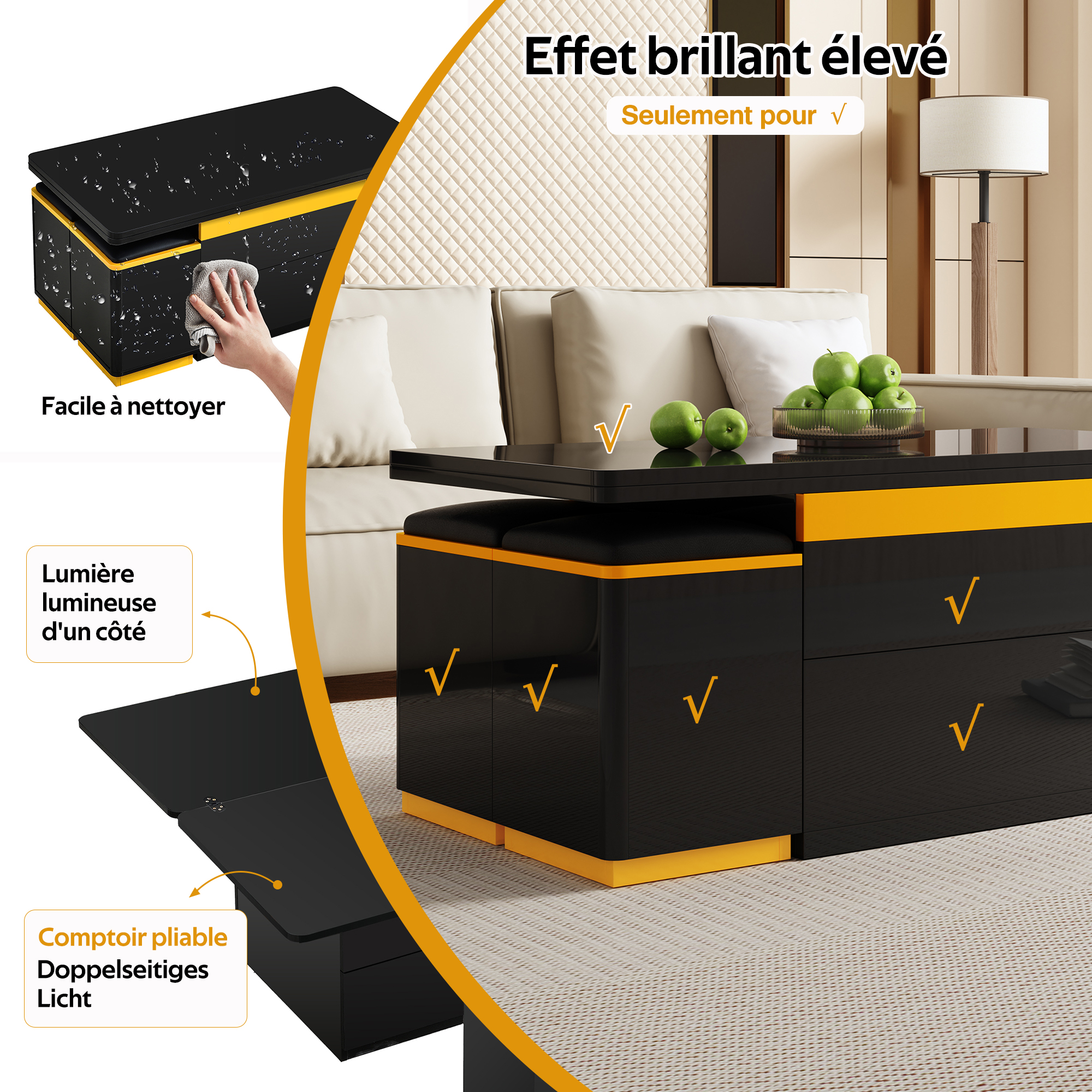 Table basse noir et blanc avec finition brillante partielle