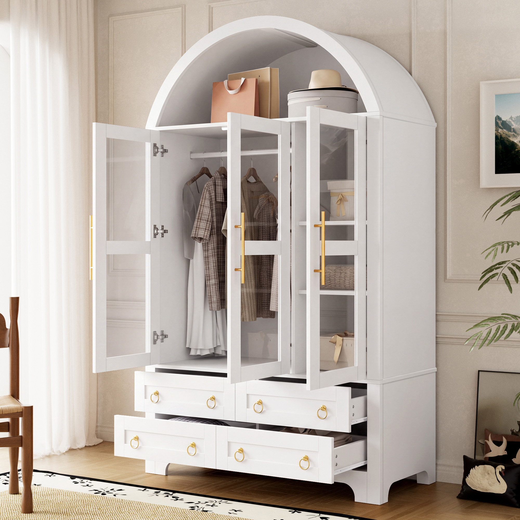 Armoire blanche avec penderie et tiroirs ouverts