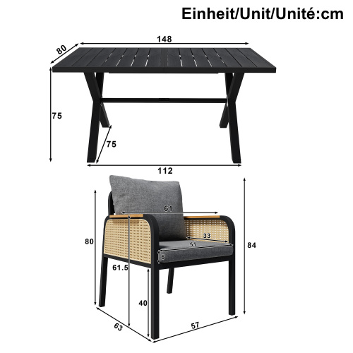 Schéma dimensions ensemble repas rotin