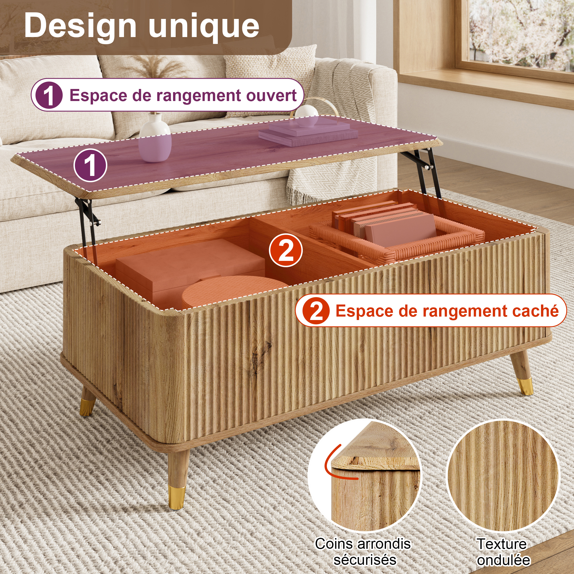 Plateau relevable et extensible de la table basse