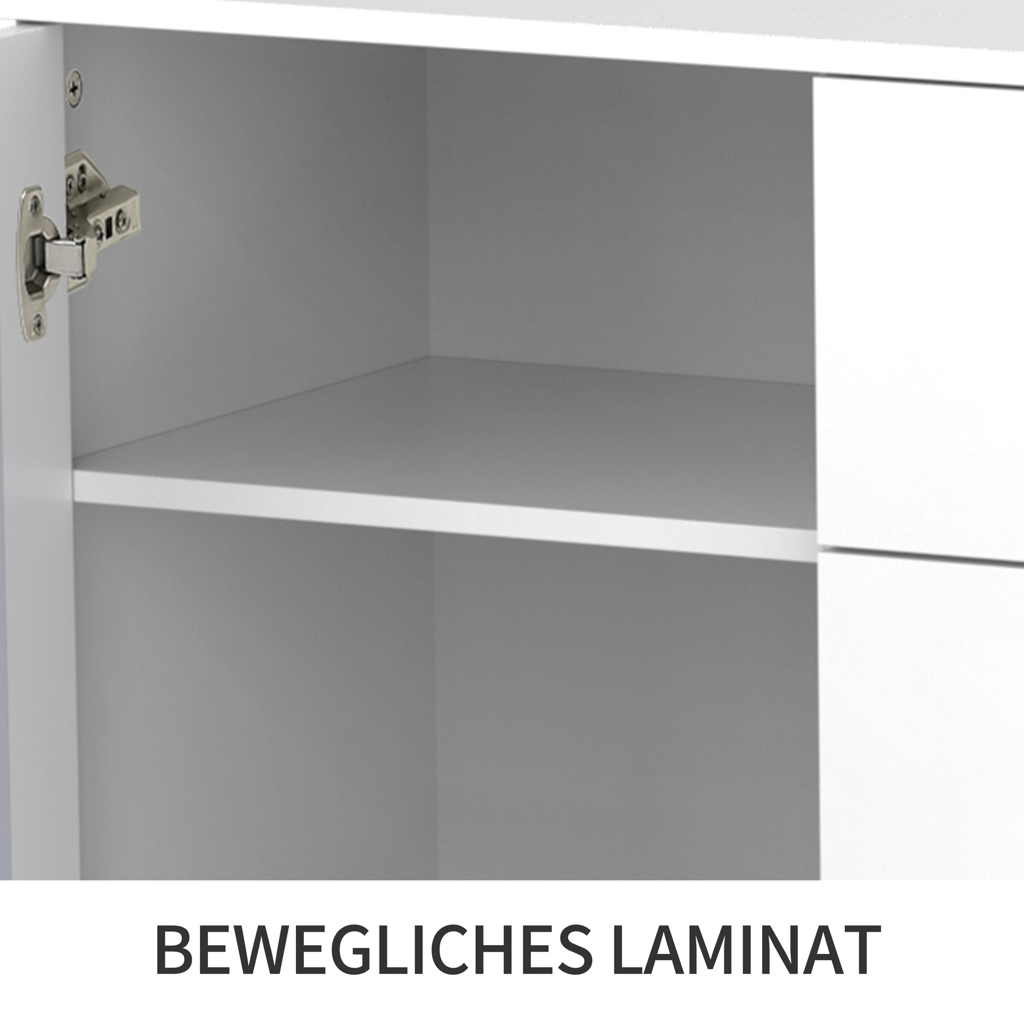 Buffet blanc avec surface miroir, poignée verre cristal, 2 portes + 4 tiroirs, pieds bois massif, dimensions 147.5×40×102 cm, pour salon et entrée, design luxueux, beaucoup de rangement, style élégant - image 6