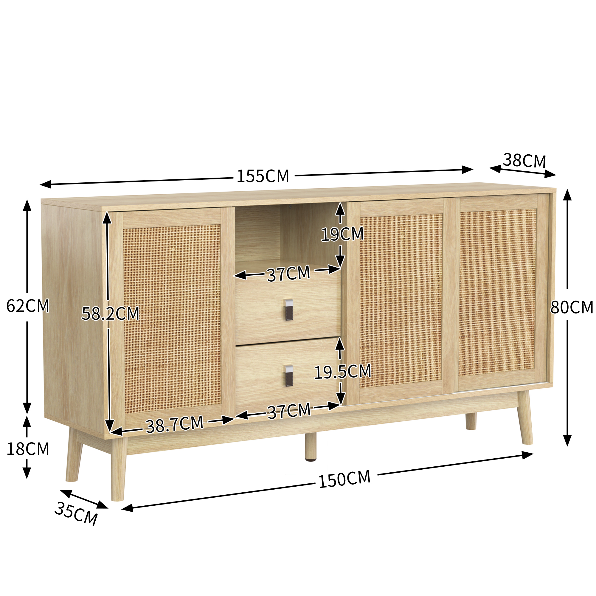 buffet sideboard grand rangement 2 tiroirs et 3 compartiments derrière portes coulissantes