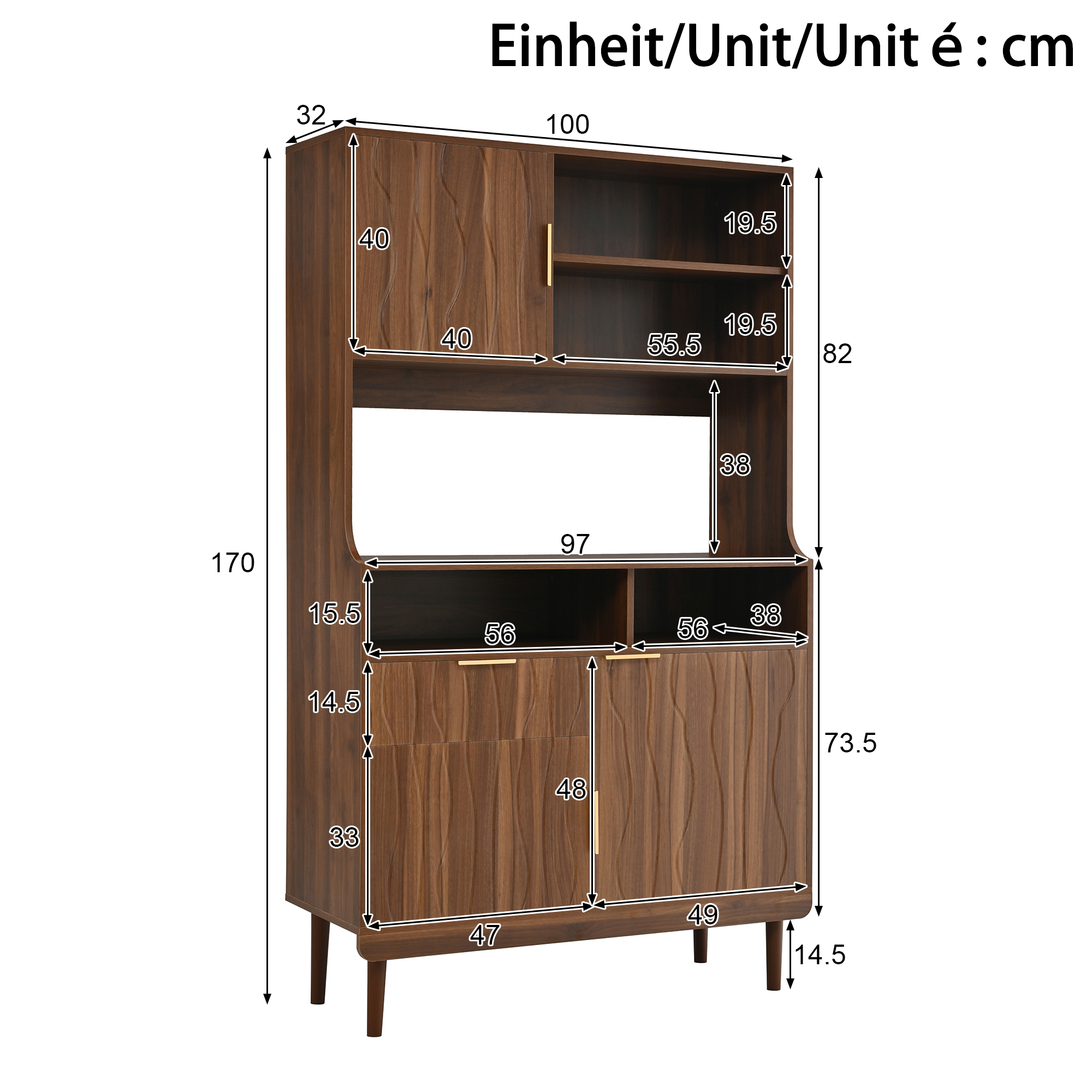 Buffet haut 100 x 32 x 170 cm, 3 portes, MDF et panneaux de particules, Effet noyer - détails