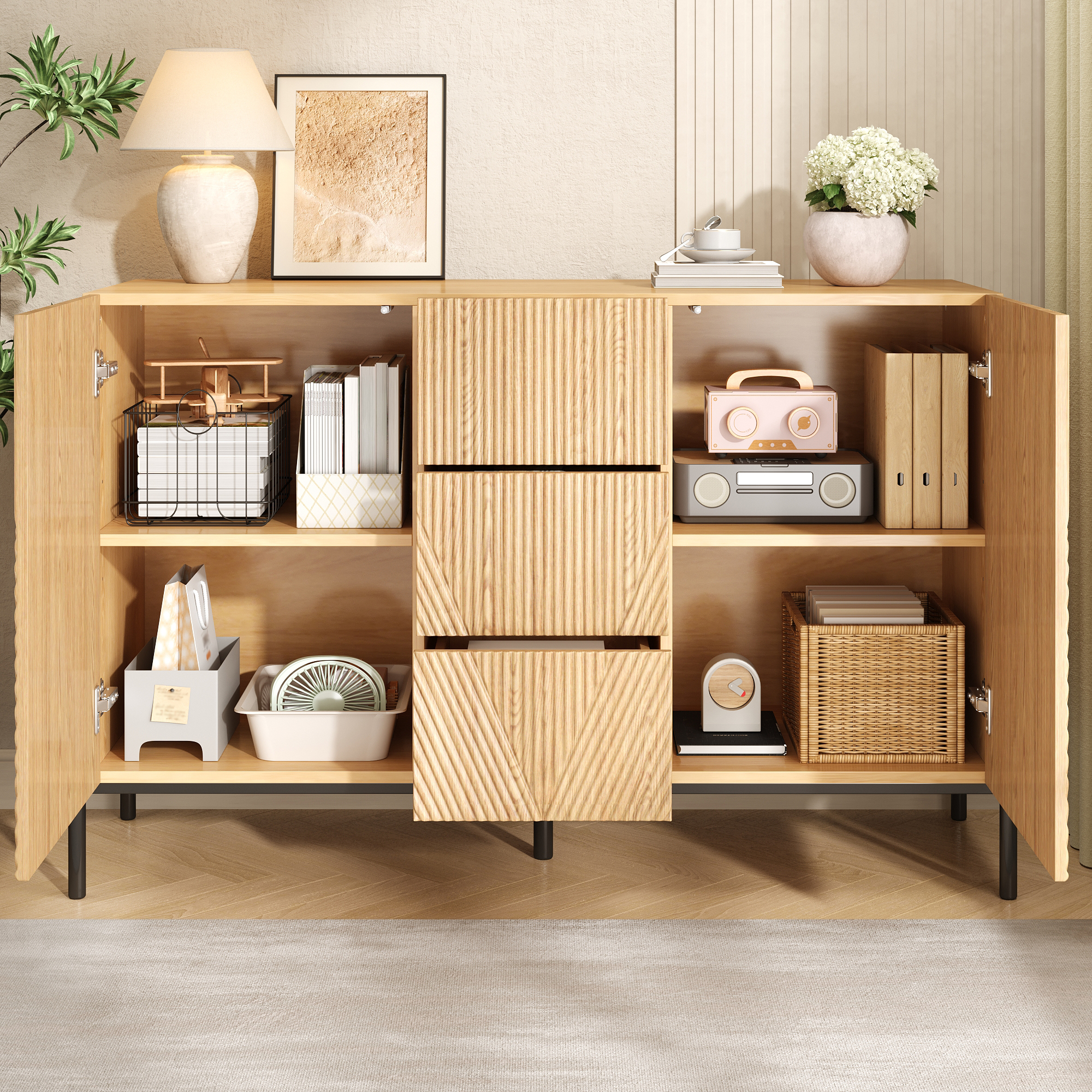 Buffet, rangement intégré, avec tiroirs, 115,5 x 40 x 76 cm, MDF, bois naturel - vue 3