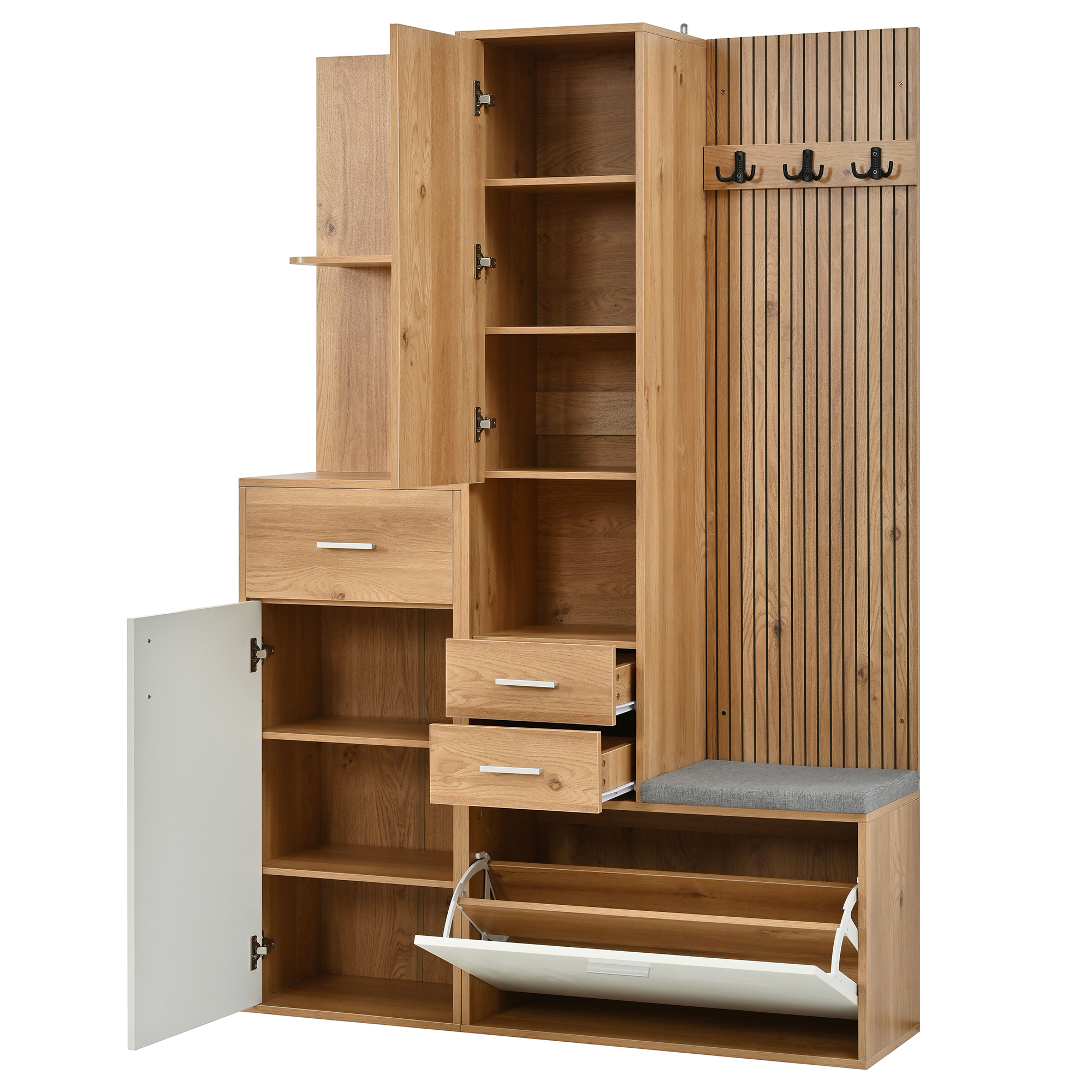 Armoire penderie 120 x 32 x 178 cm, portes courbes, tringle, tiroirs, LED, MDF et panneaux de particules, Effet bois naturel et Blanc - dimensions et spécifications