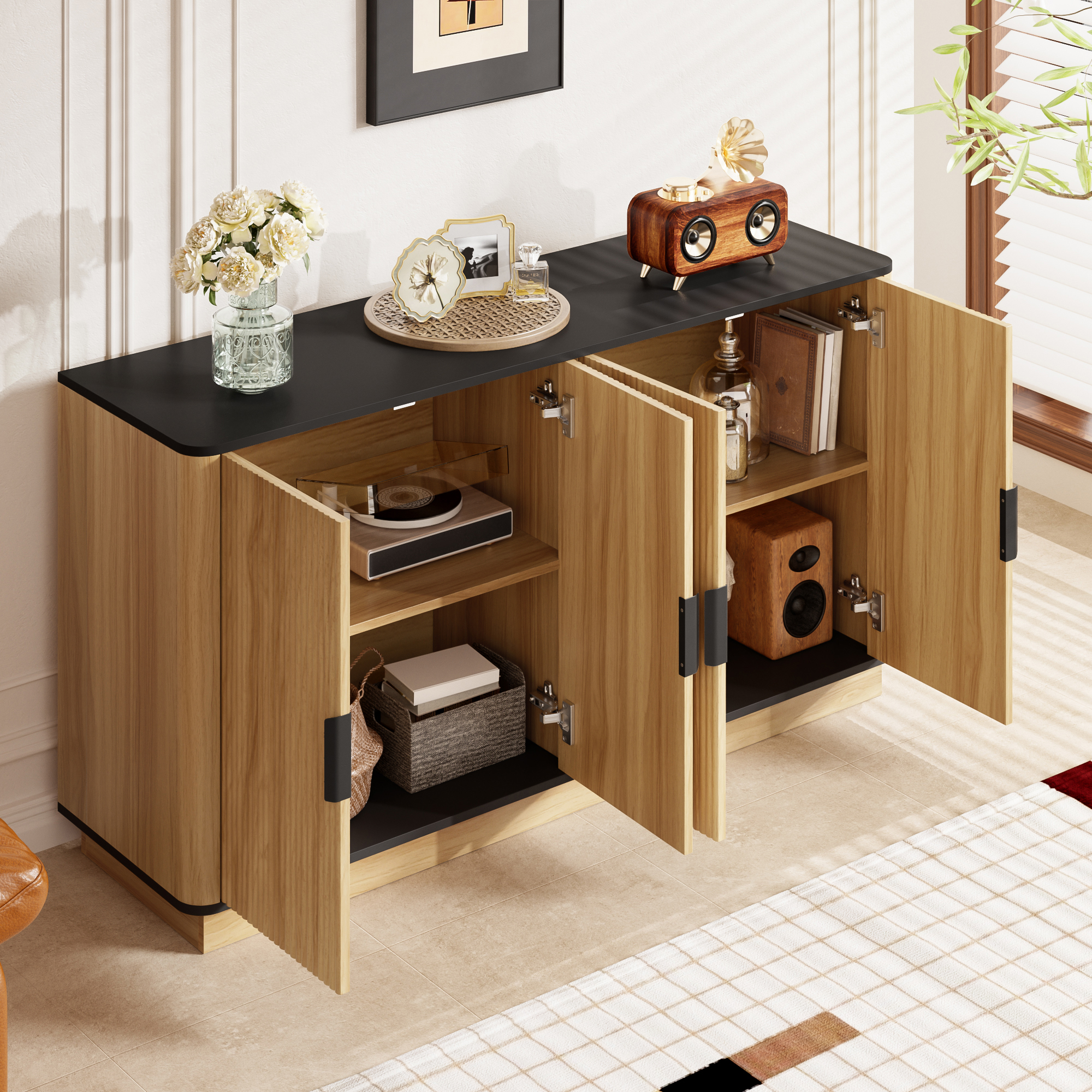 Buffet 4 portes 139x40x75 cm naturel panneau bois effet vagues