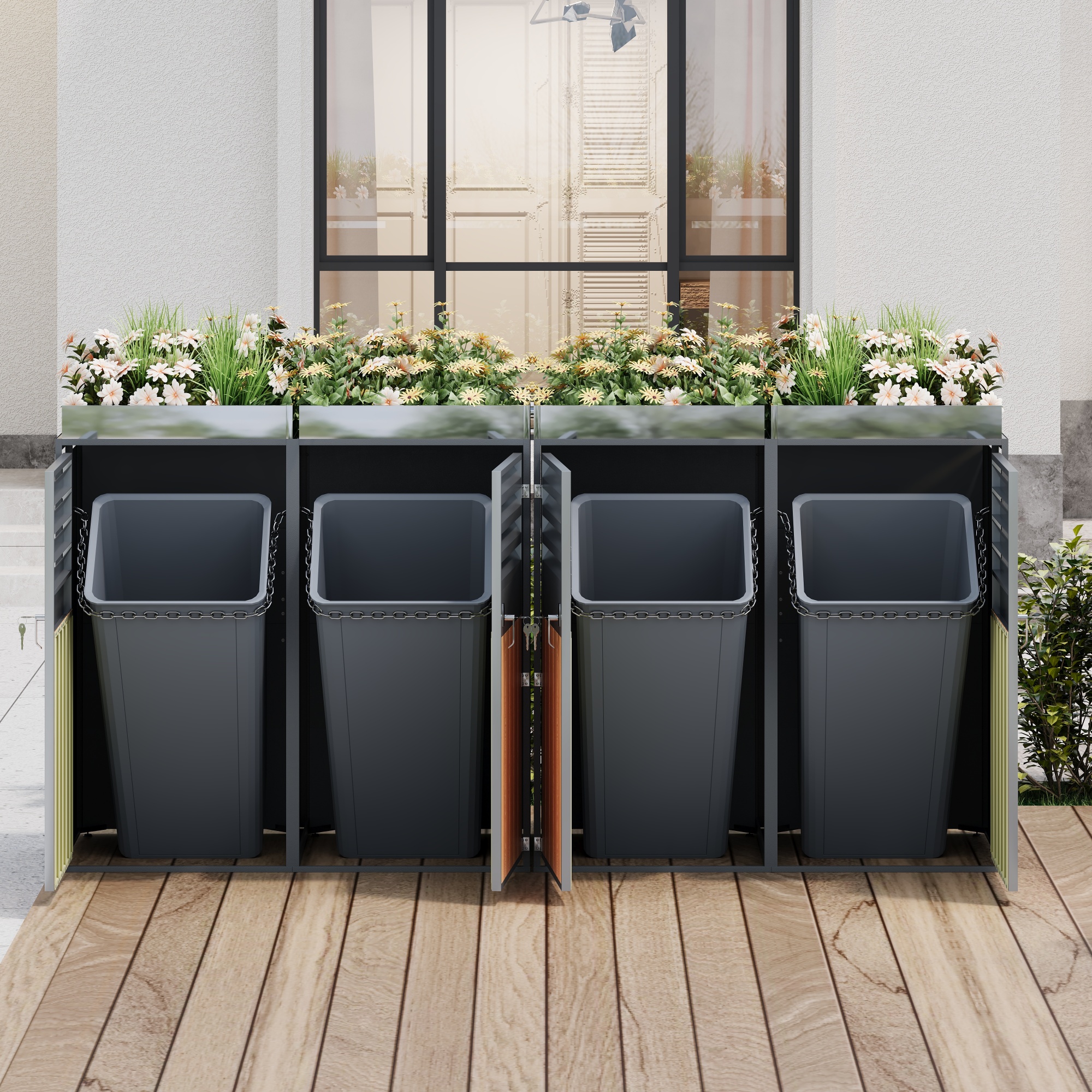 4 compartiments indépendants, serrures individuelles, butoirs chaîne pour sortir les poubelles