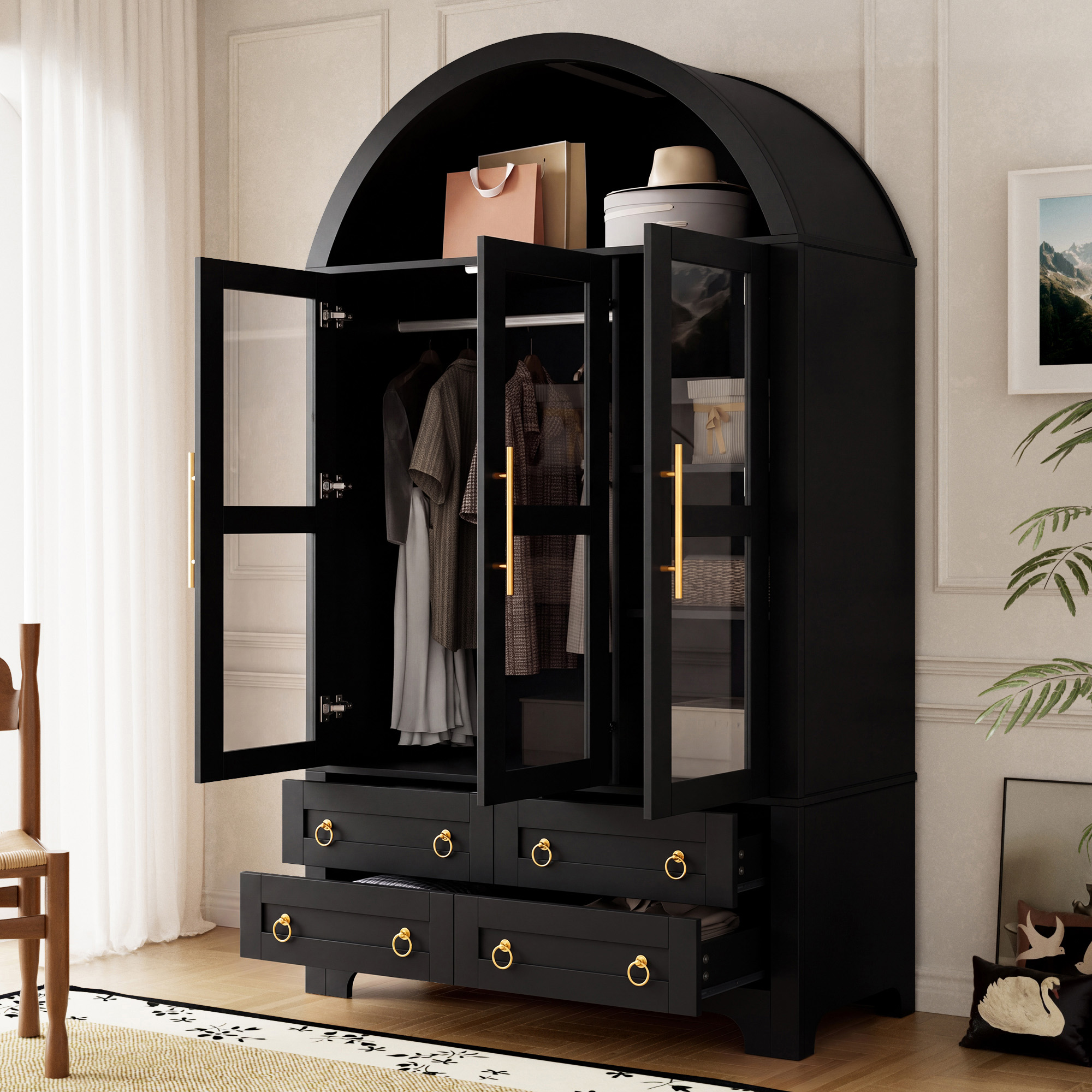 Armoire noire ouverte avec penderie et tiroirs