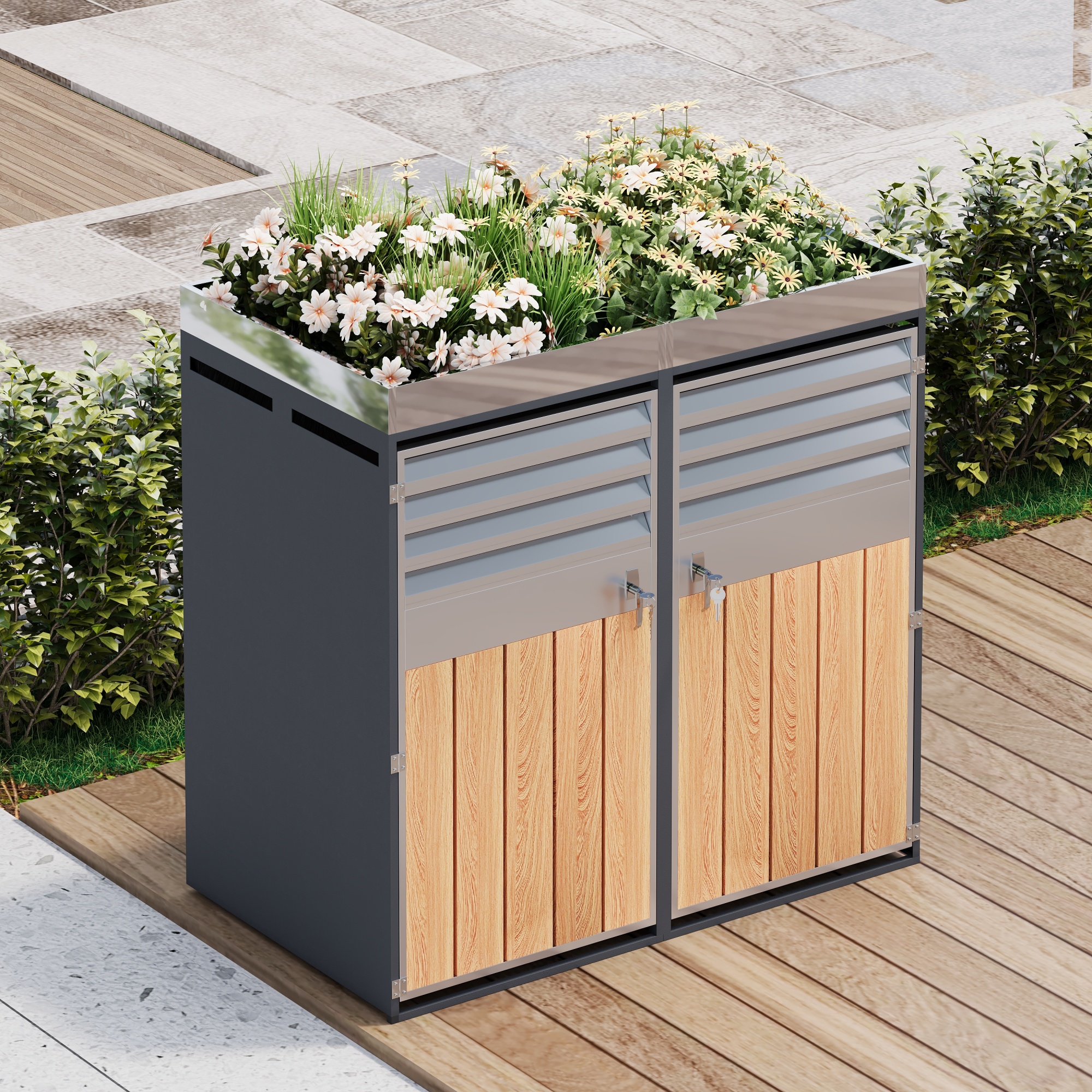 Armoire à poubelles avec bac à fleurs vue générale