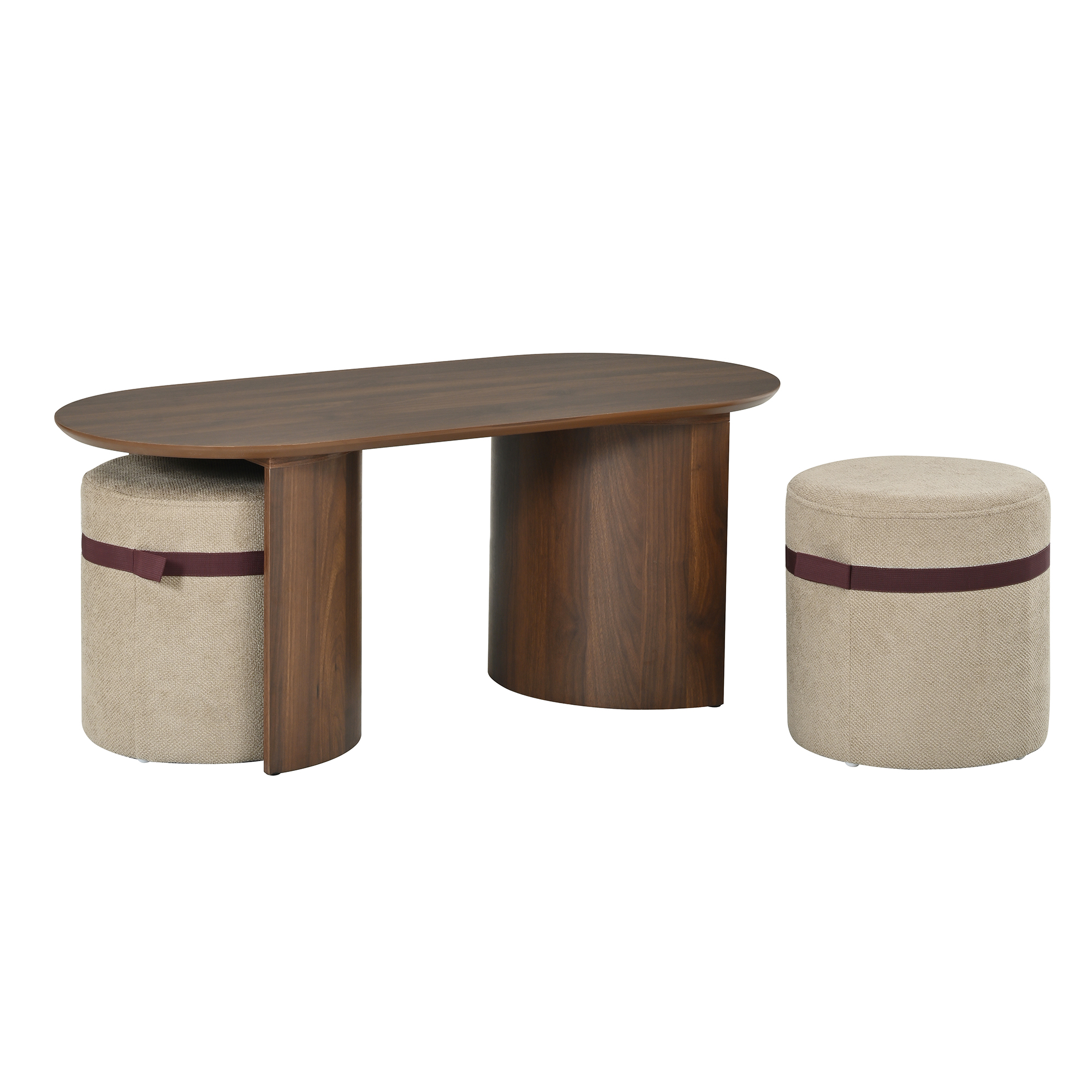 Ensemble table basse ovale 108 x 50 x 44 cm avec 2 poufs rembourrés, MDF et pin, Effet noyer - vue complémentaire