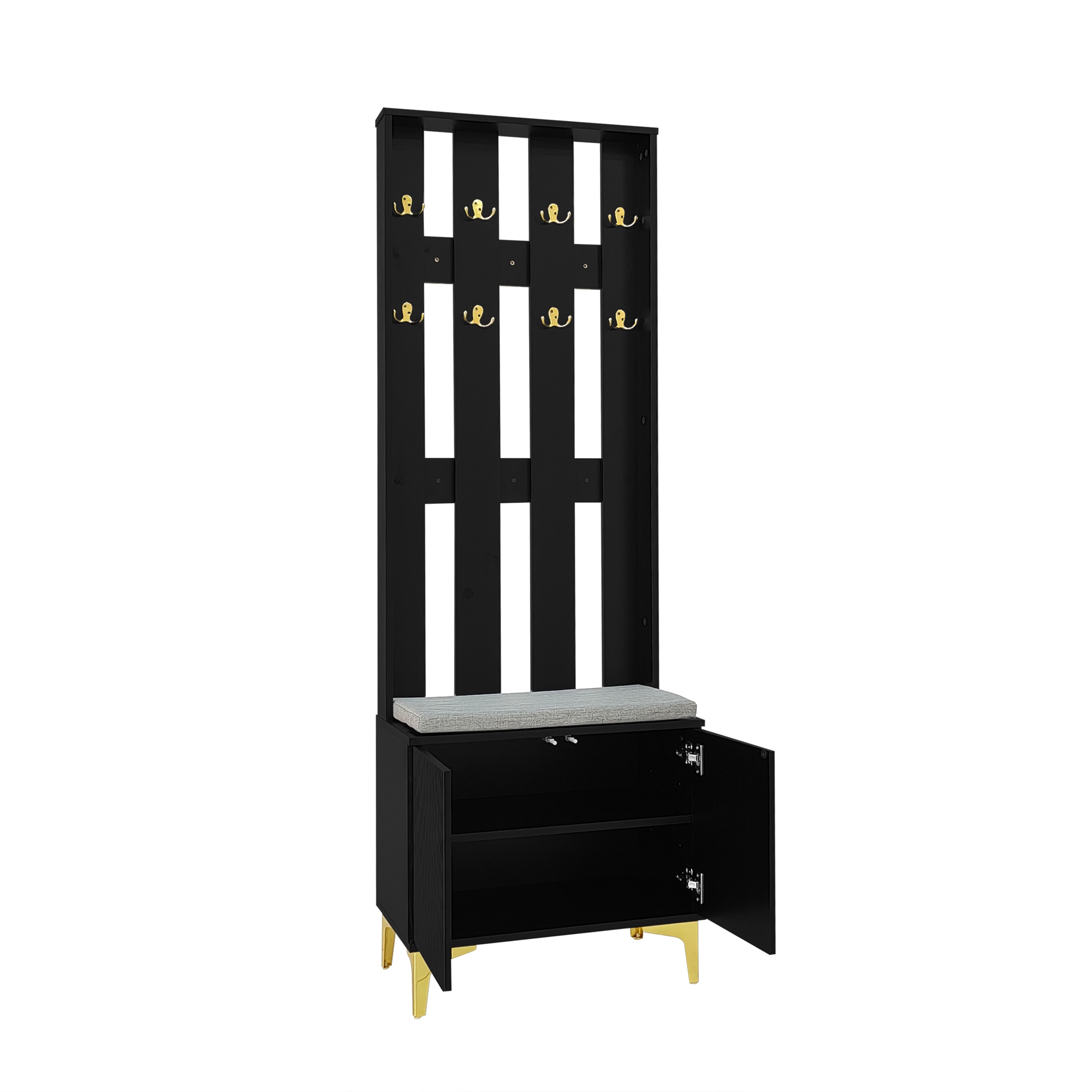 détail charnières amorties et système push‑open