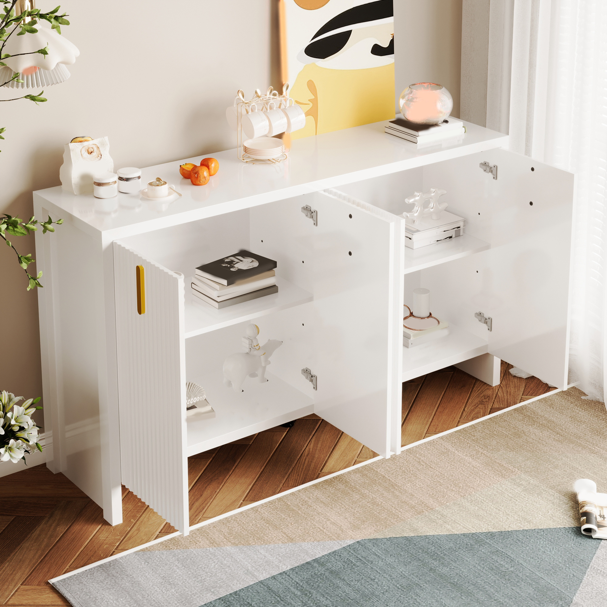 Buffet, rangement intégré, 140 x 38 x 80 cm, panneaux de particules, blanc - vue 3