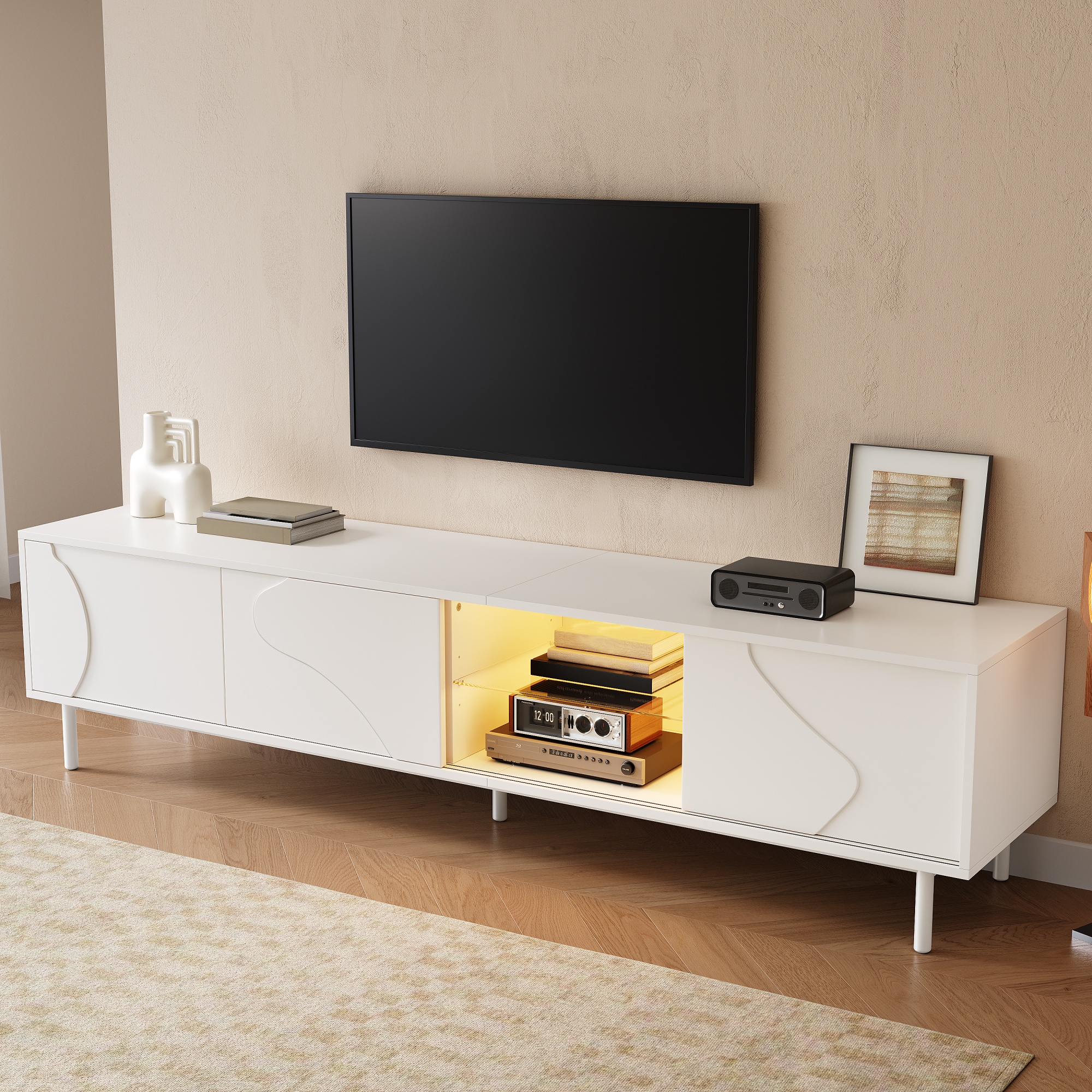 Meuble TV, éclairage led, éléments en verre, 180 x 40 x 45 cm, métal et acier, blanc - vue 5