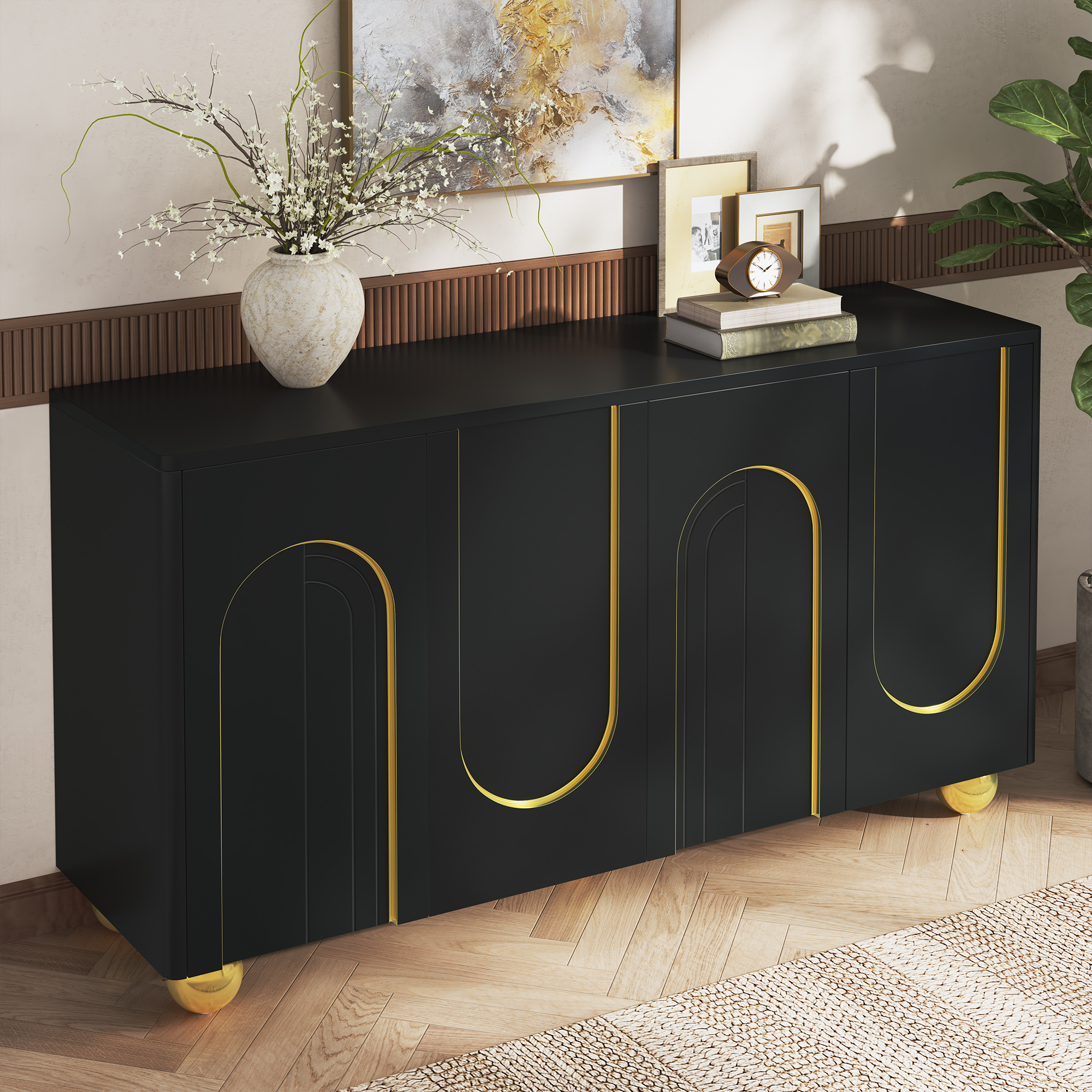 Buffet, 140 x 40 x 74 cm, panneaux de particules et métal, noir - vue 4