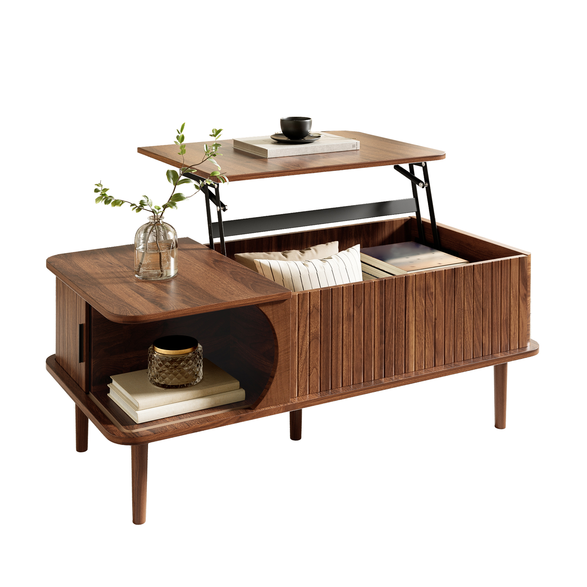 Table basse ronde, table de salon 100 x 48 x 55,5 cm avec plateau relevable, façades rainurées, MDF, Effet noyer