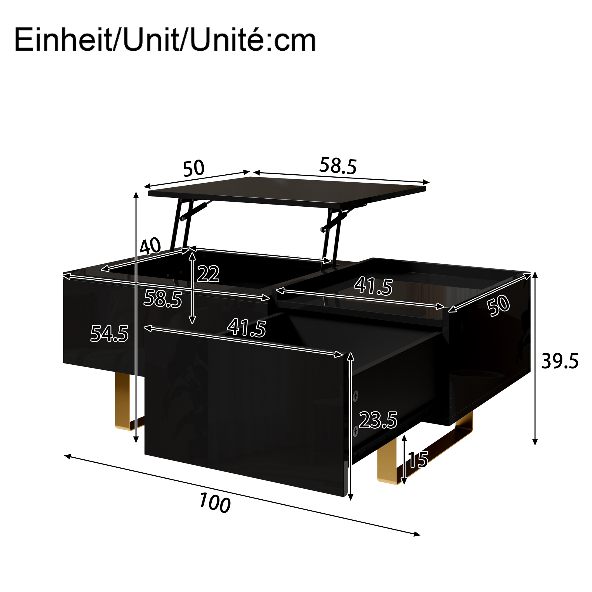 Dimensions de la table basse relevable 100x50 cm