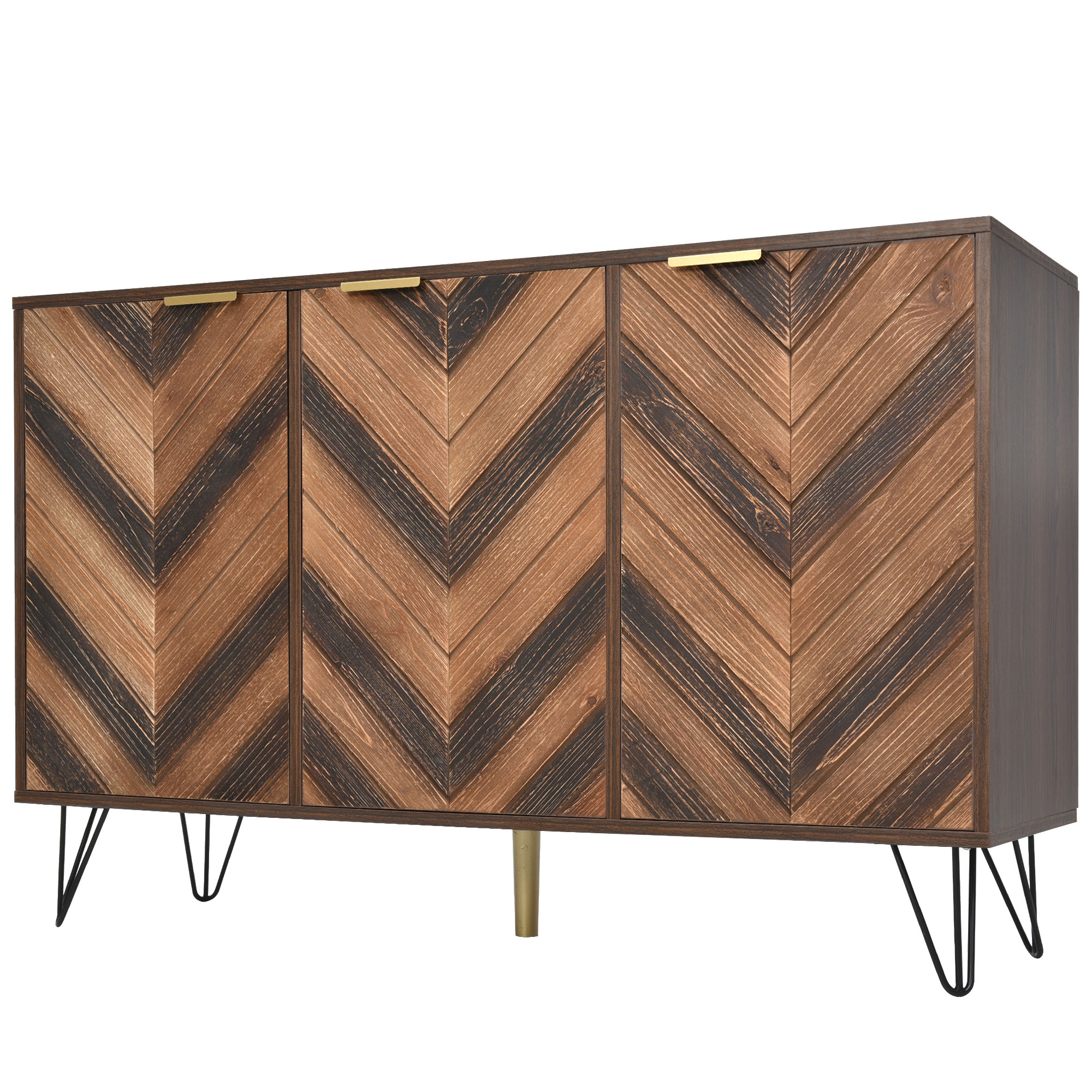 Buffet 3 portes 120×38×76,5 cm, poignées dorées, finition bois naturel, chaque porte avec compartiment et étagère réglable, design élégant moderne, beaucoup d'espace de rangement, pour salon et salle à manger - image 13