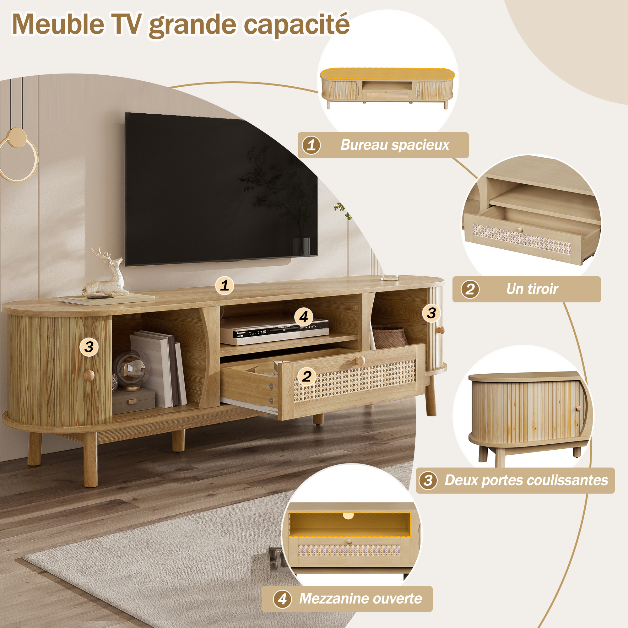 Rangement meuble TV rotin