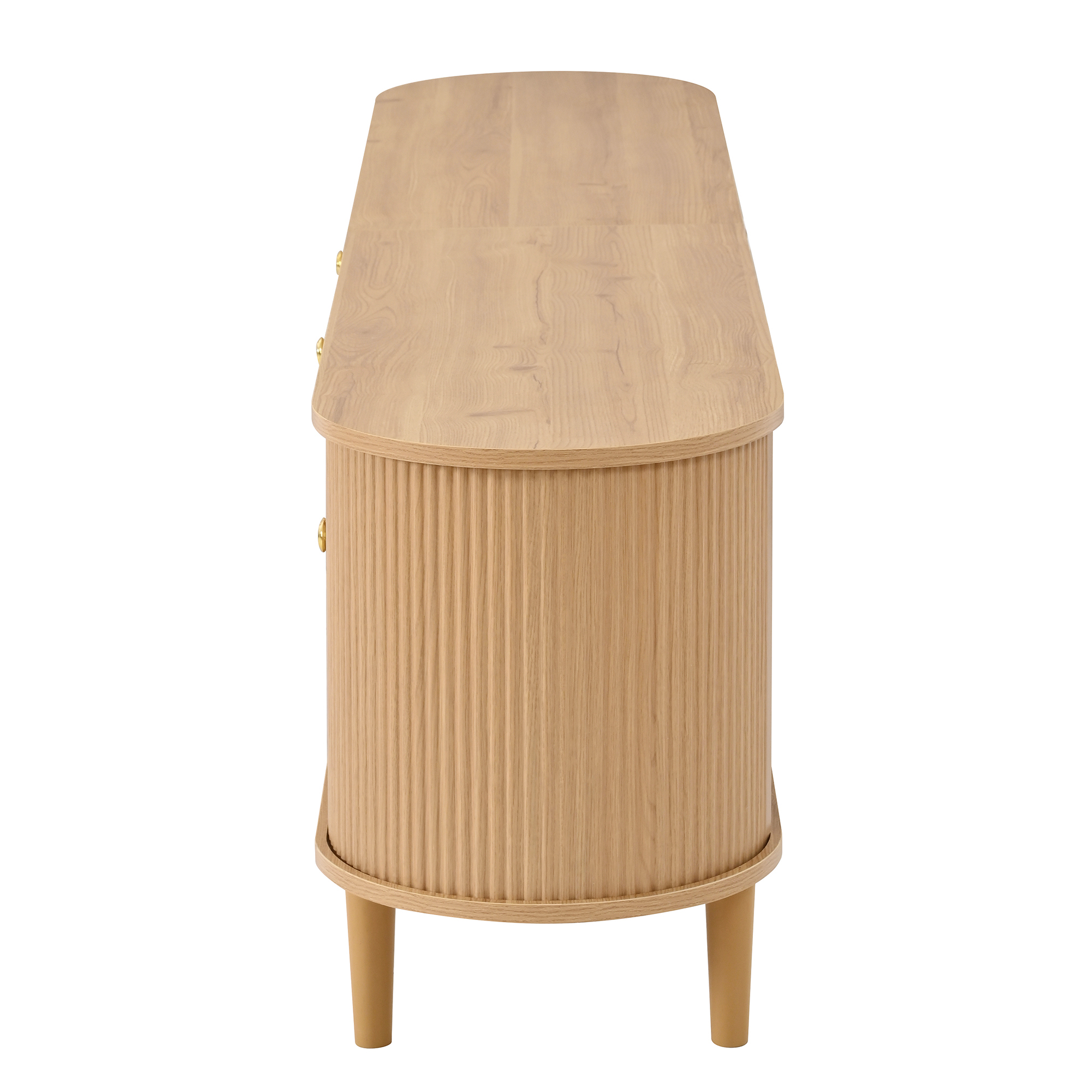 Meuble TV 180 cm, meuble bas de salon avec 2 portes coulissantes, 4 tiroirs, façade ondulée 3D, panneaux de particules et MDF, Effet bois naturel