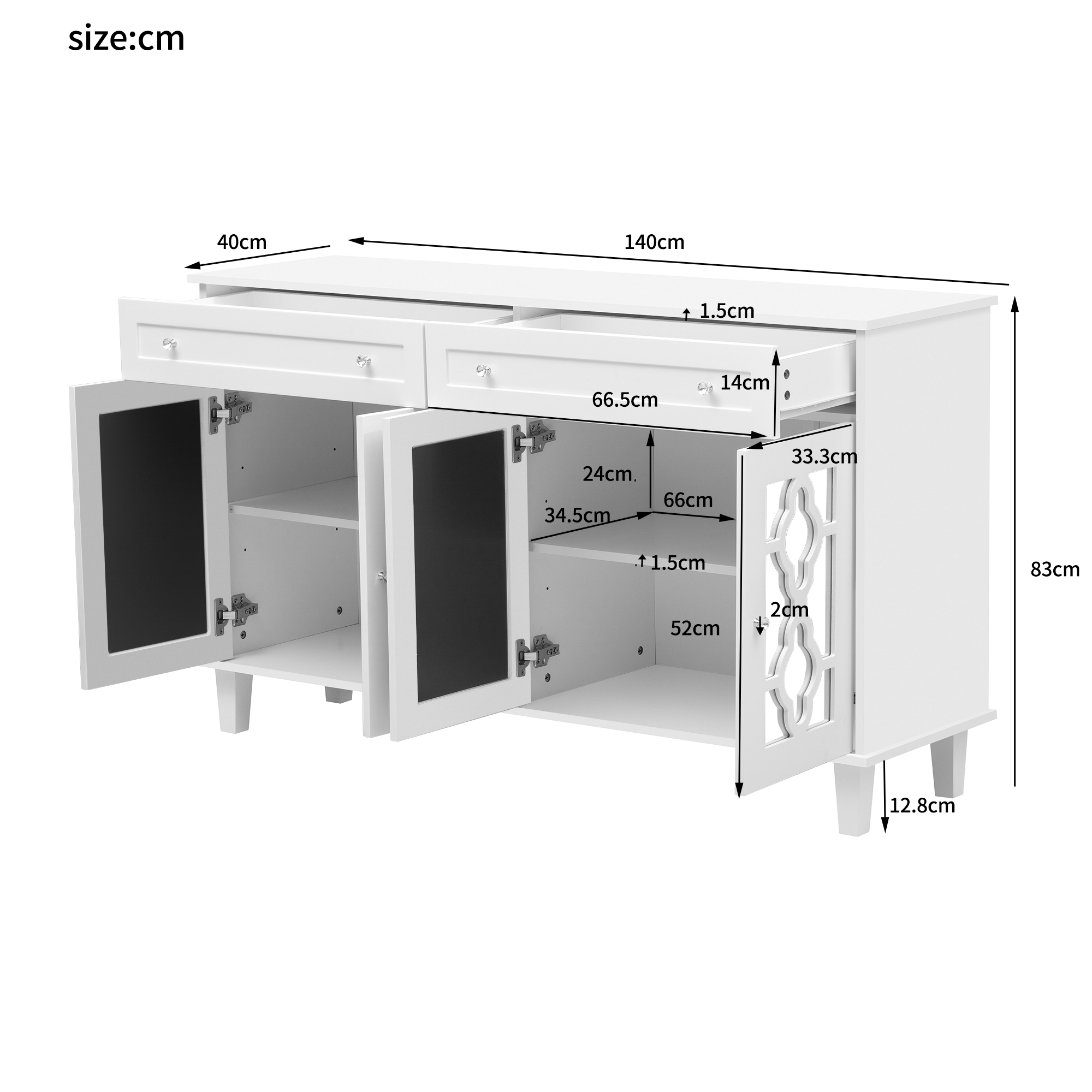 Buffet, avec tiroirs, étagères réglables, 140 x 40 x 83 cm, MDF, blanc - vue 2