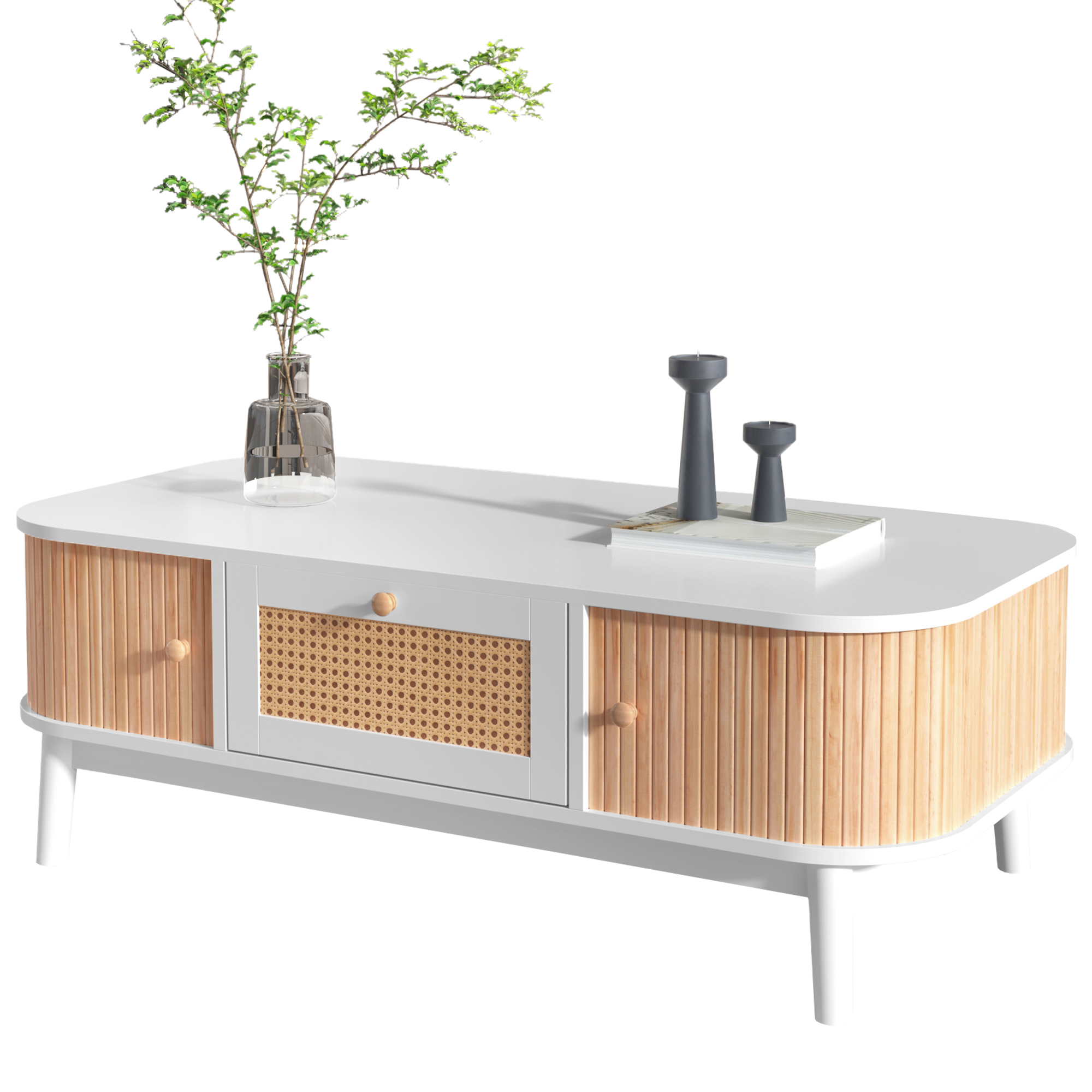 Table basse, avec tiroirs, détails en rotin, bois massif et rotin, blanc - vue 1