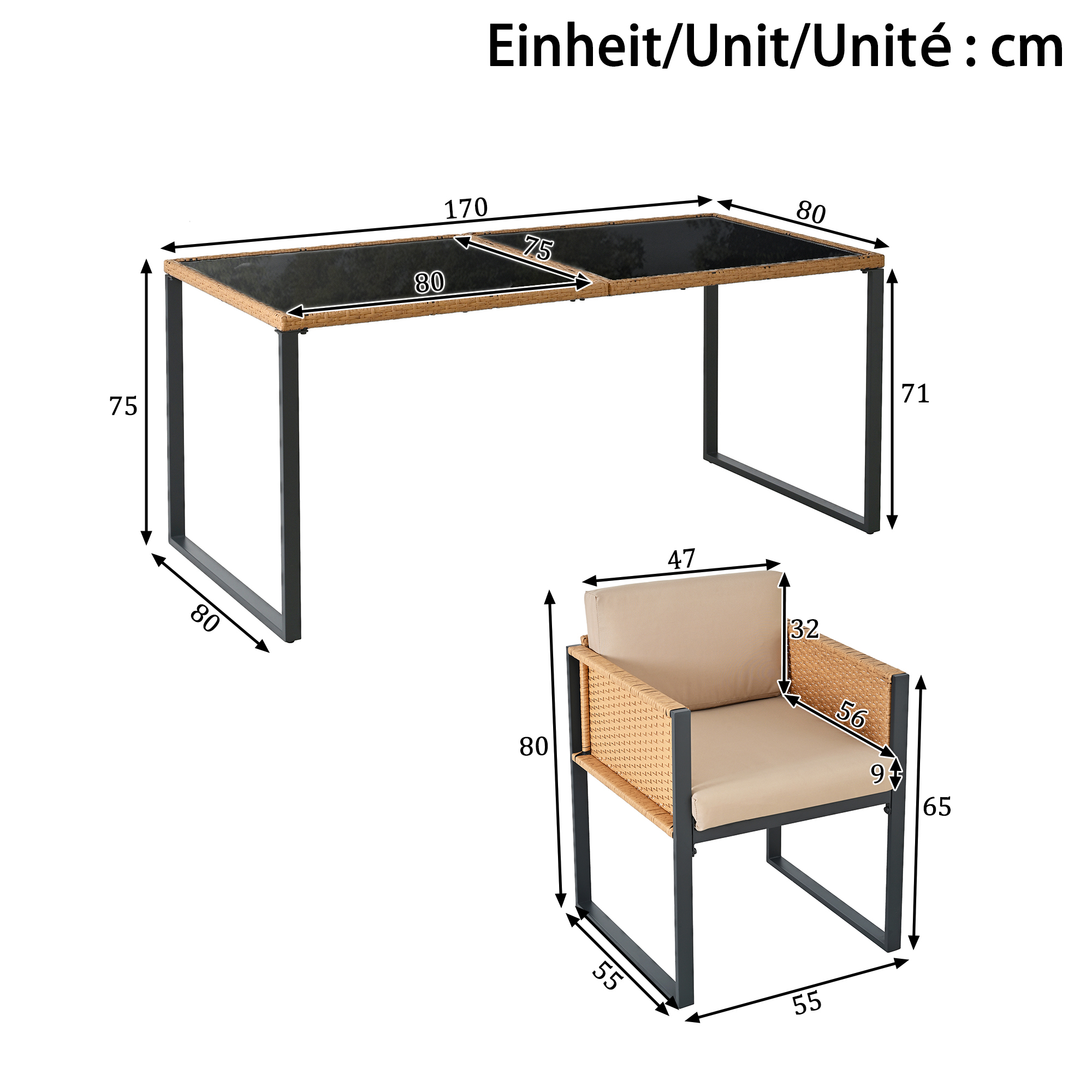 Ensemble repas de jardin 7 pièces avec table 170 x 80 x 75 cm et 6 fauteuils, rotin PE, verre trempé, Noir et marron - détails