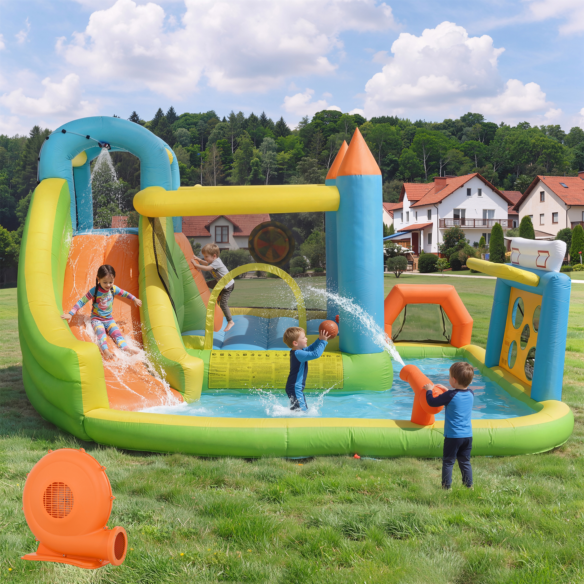 Mur d’escalade, trampoline et multiples jeux de ballon
