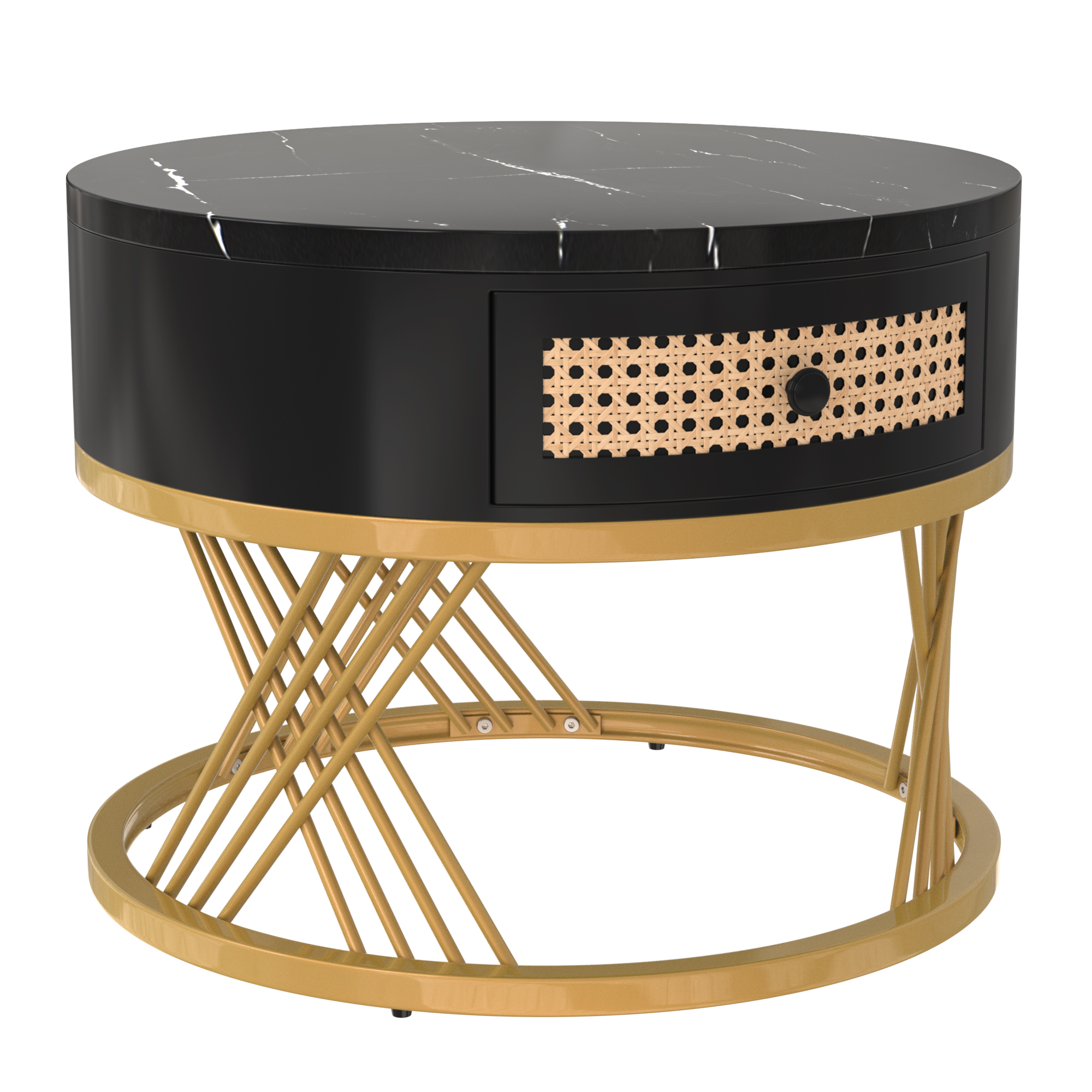 Table basse, avec tiroirs, détails en rotin, 50 x 50 x 38,5cm, bois massif et rotin, noir - vue 1