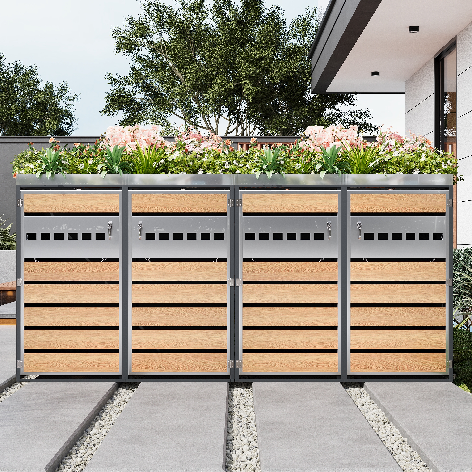 Bac à fleurs ouvert intégré en partie supérieure, associe rangement et plantation