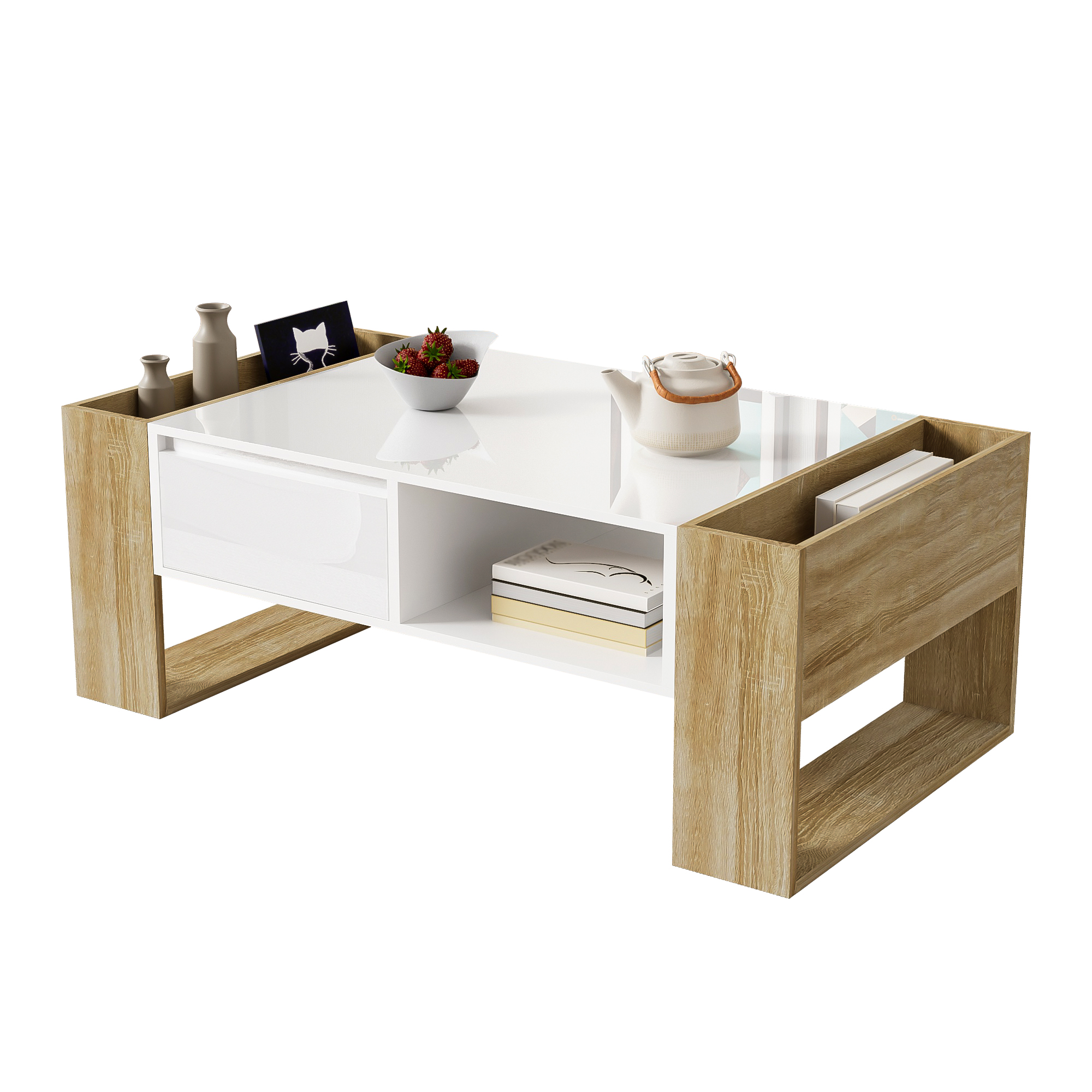 Table basse ronde, table de salon 105 x 60 x 40 cm avec finition partiellement brillante, panneaux de particules et MDF, Blanc