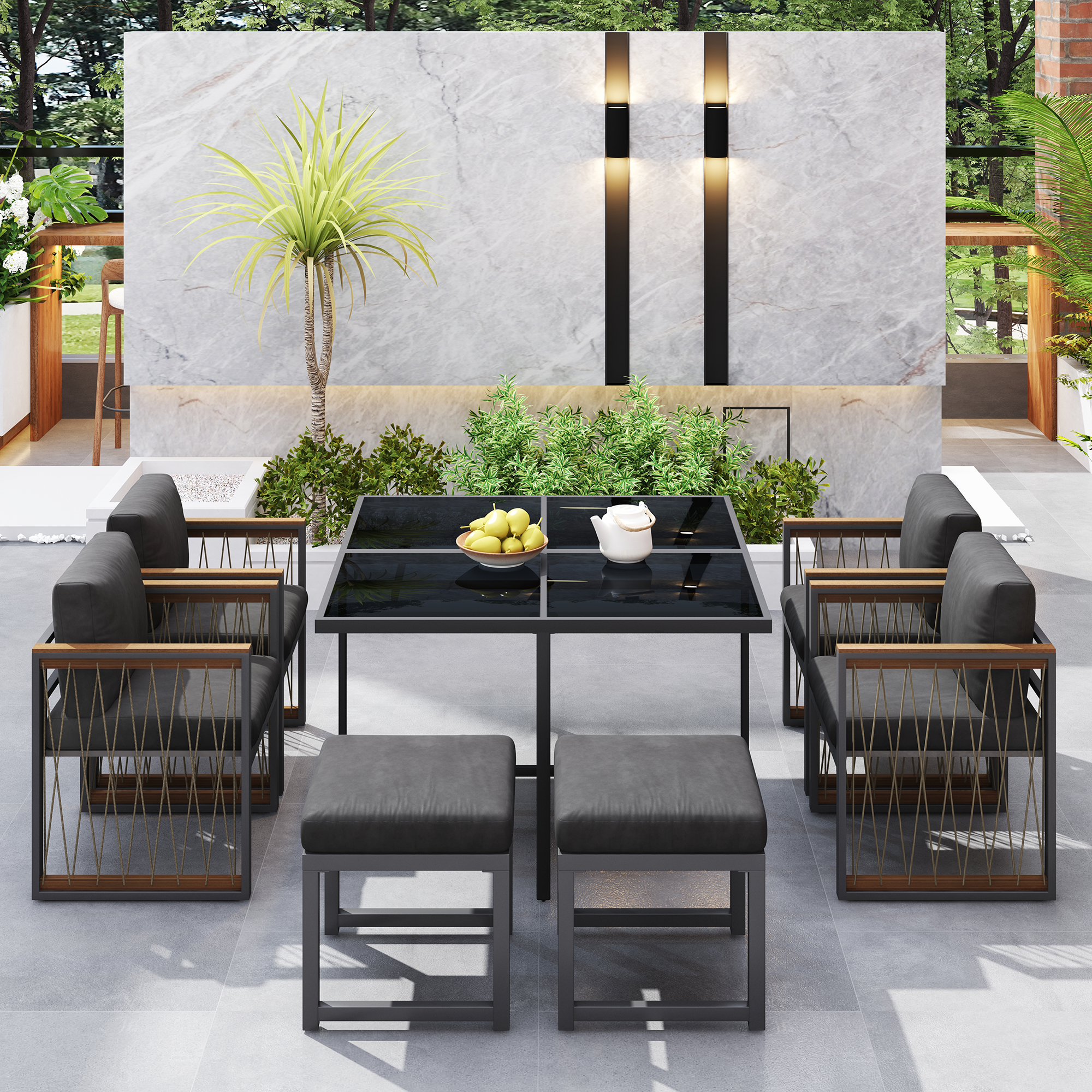 Ensemble complet: table 117×117 cm, 4 fauteuils, 2 repose‑pieds, jusqu'à 6 personnes