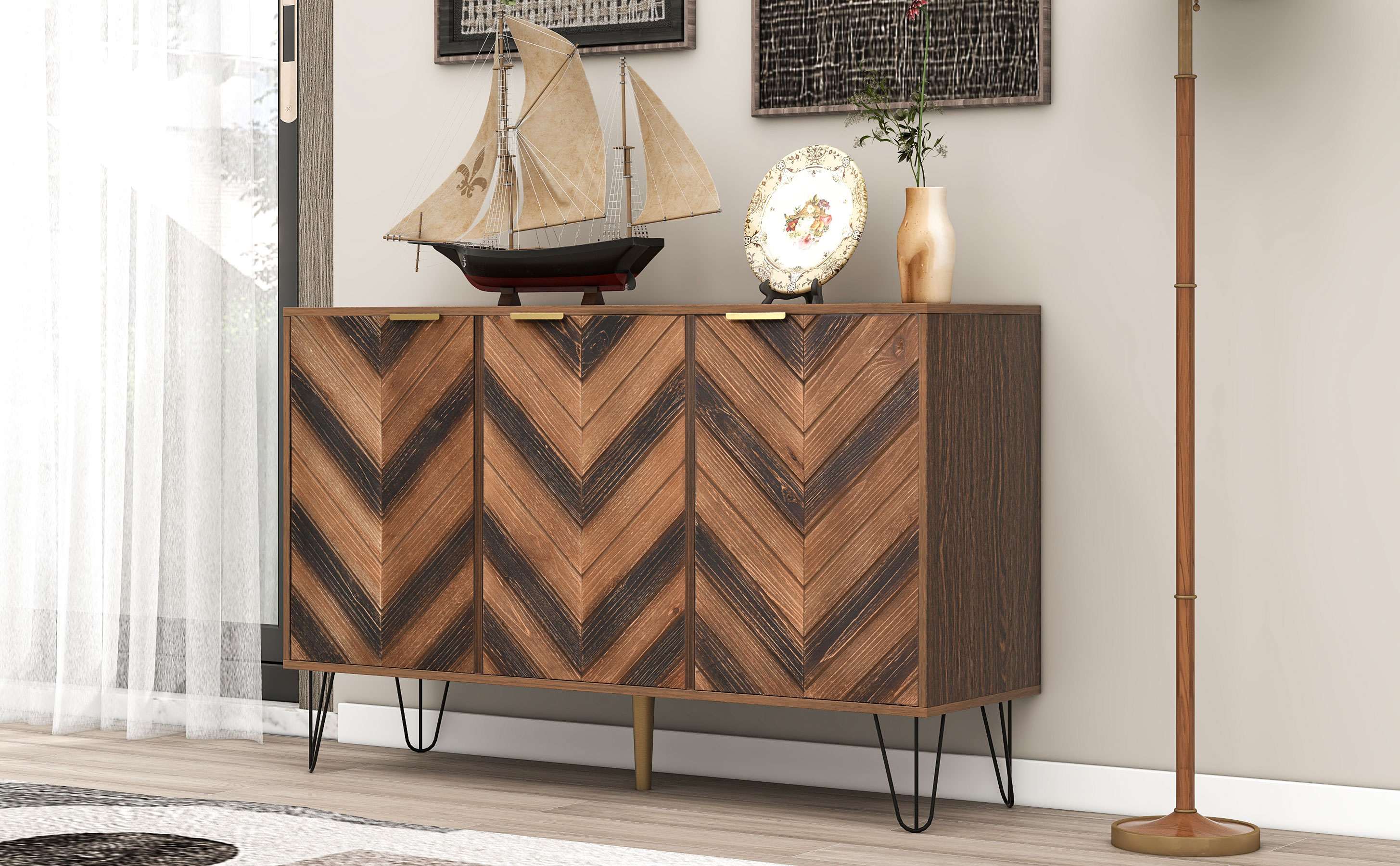 Buffet 3 portes 120×38×76,5 cm, poignées dorées, finition bois naturel, chaque porte avec compartiment et étagère réglable, design élégant moderne, beaucoup d'espace de rangement, pour salon et salle à manger - image 18