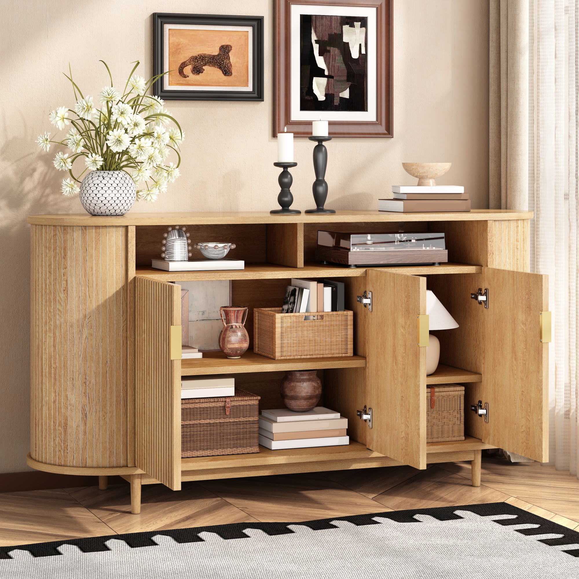 Buffet, rangement intégré, 140 x 40 x 78 cm, panneaux de particules et bois, bois naturel - vue 9