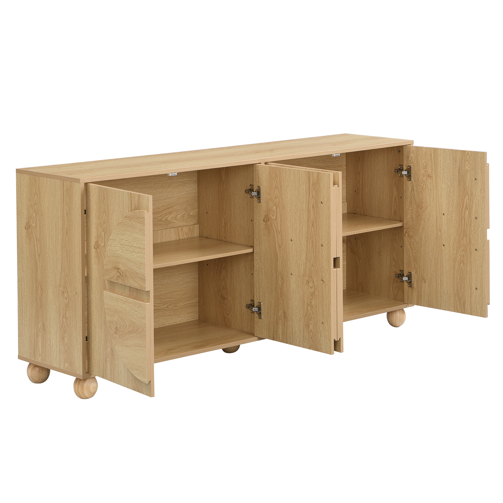 Buffet bas 160 cm, meuble de rangement avec 4 portes, étagères réglables, MDF et pin, Effet bois naturel