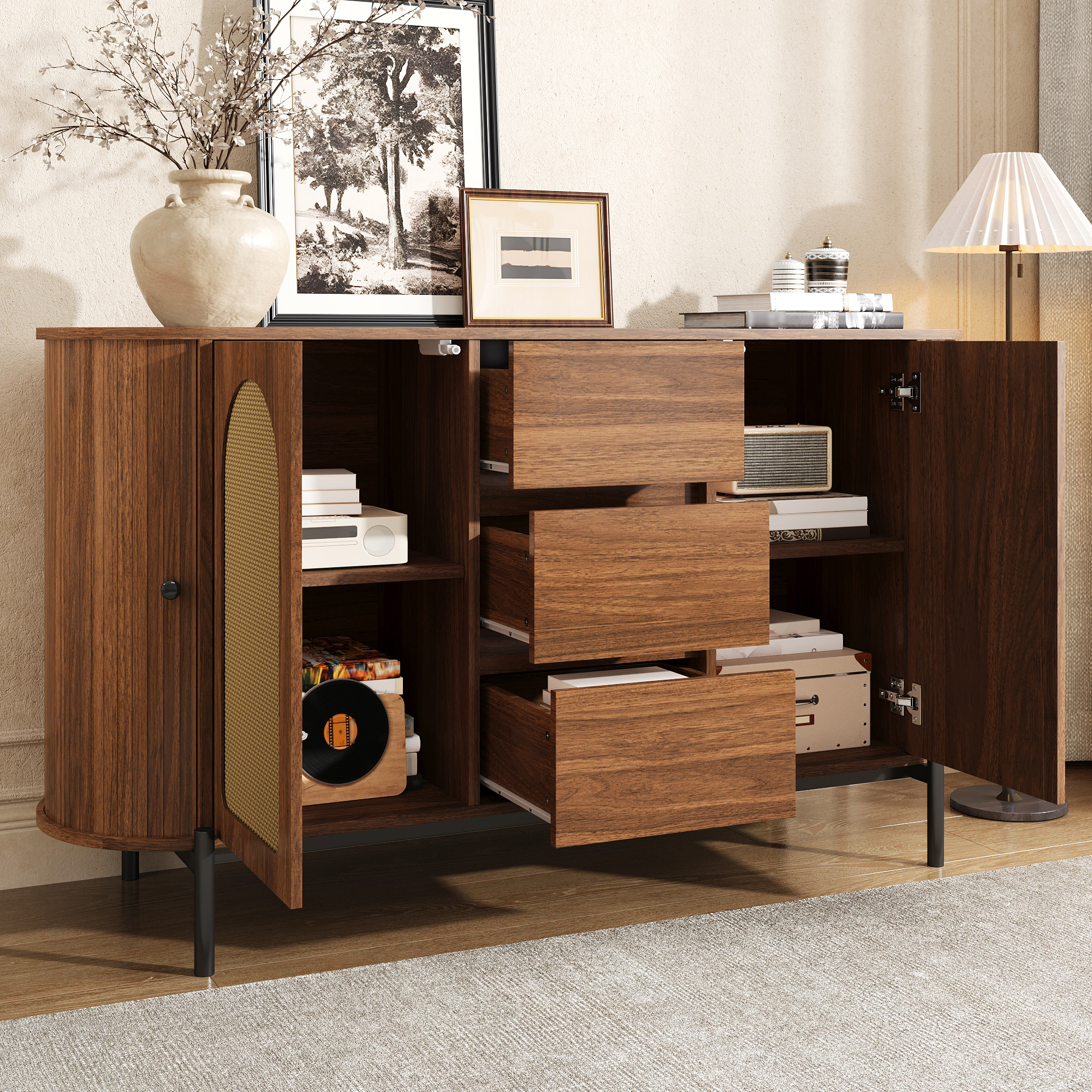 Buffet ovale effet bois noyer
