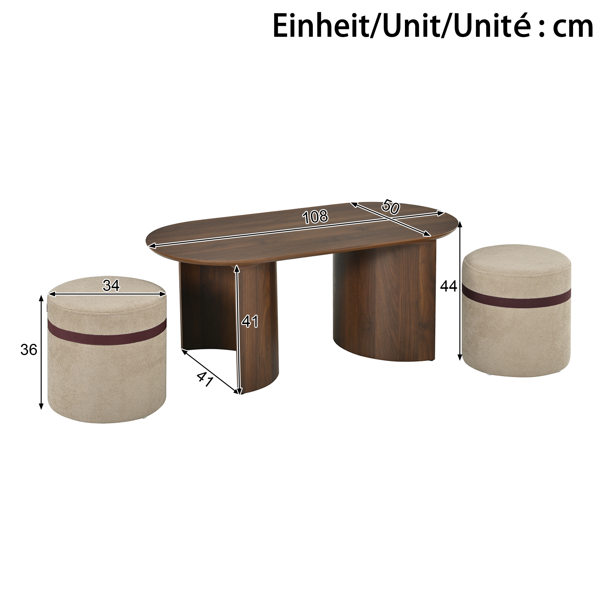 Ensemble table basse ovale 108 x 50 x 44 cm avec 2 poufs rembourrés, MDF et pin, Effet noyer - détails
