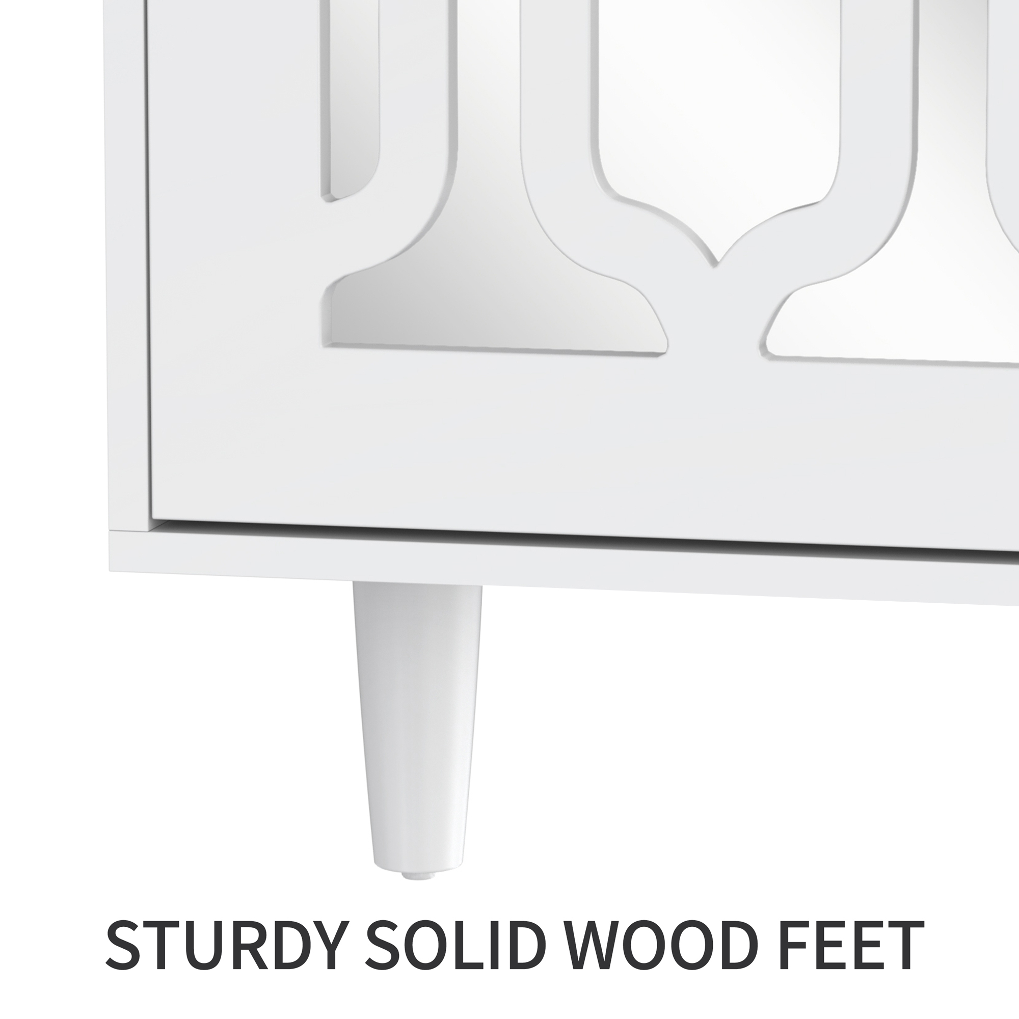 Buffet blanc avec surface miroir, poignée verre cristal, 2 portes + 4 tiroirs, pieds bois massif, dimensions 147.5×40×102 cm, pour salon et entrée, design luxueux, beaucoup de rangement, style élégant - image 10