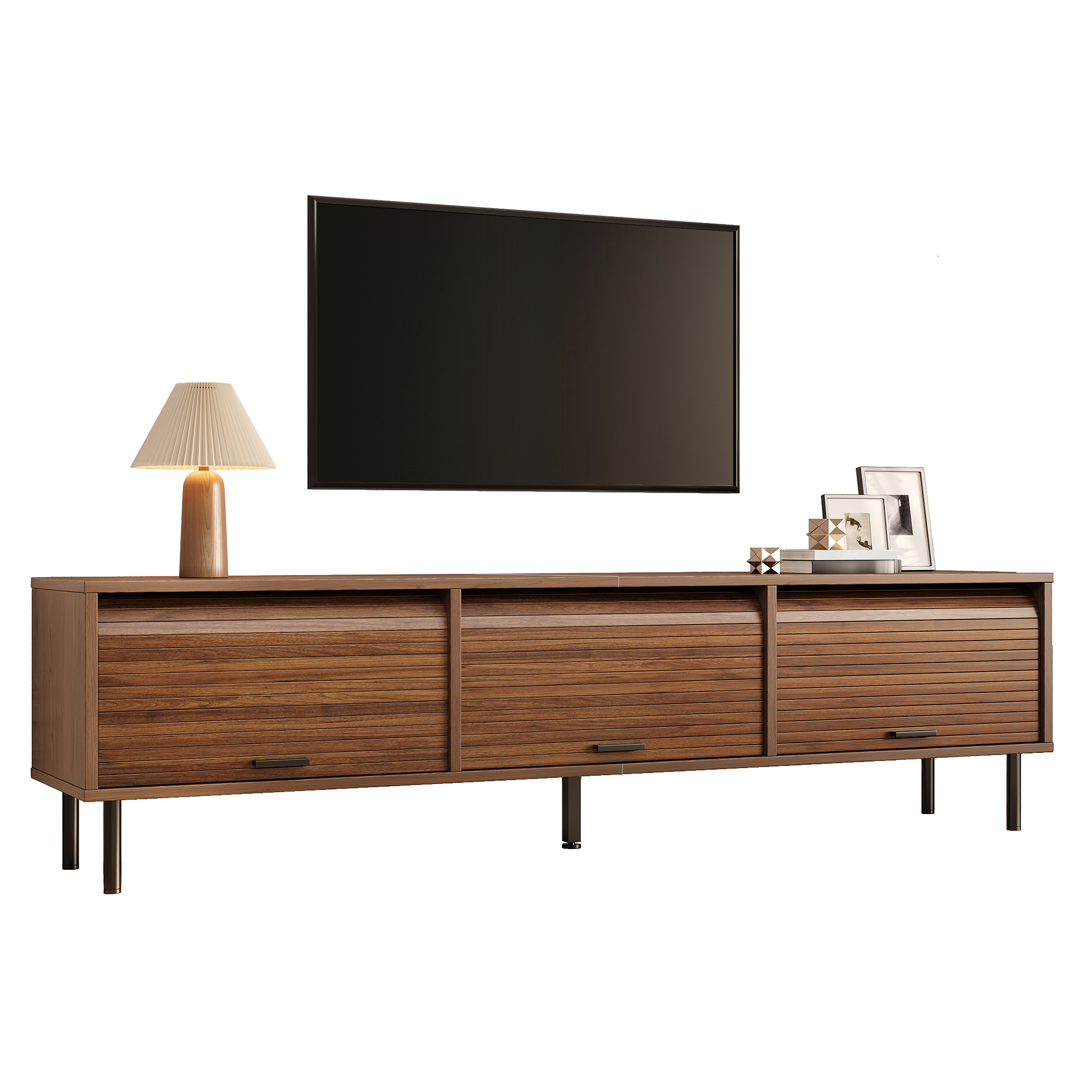 Meuble TV 180 cm, meuble bas de salon avec 3 portes, façades rainurées, panneaux de particules, MDF et métal, Effet noyer